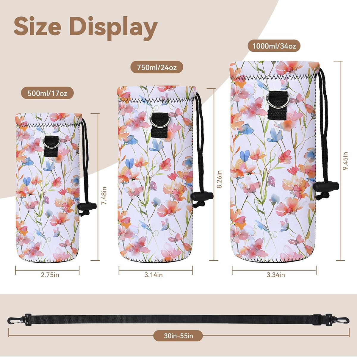 RICHEN Neoprene Water Bottle Carrier Bag with Adjustable Shoulder Strap,Insulated Water Bottle Cover for Stainless Steel/Glass/Plastic Bottles