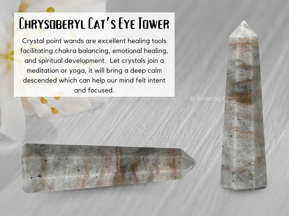 Amazing Gemstone Chrysoberyl Cats Eye Crystal Towers - Natural Healing Crystal Point Obelisk for Reiki Healing and Crystal Grid (3 Inch)