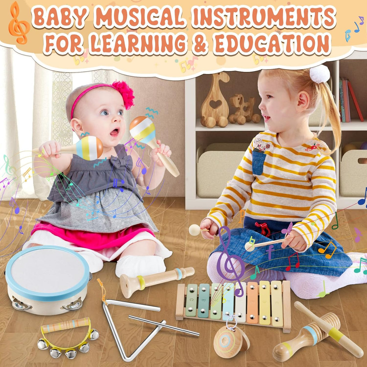 Baby Musical Instruments Set Montessori Wooden Music Toys for Toddlers 1 2 3 Neutral Color Percussion Music Kit with Drum, Xylophone,Storage Bag, Birthday Preschool Learning Gift for Boys Girls