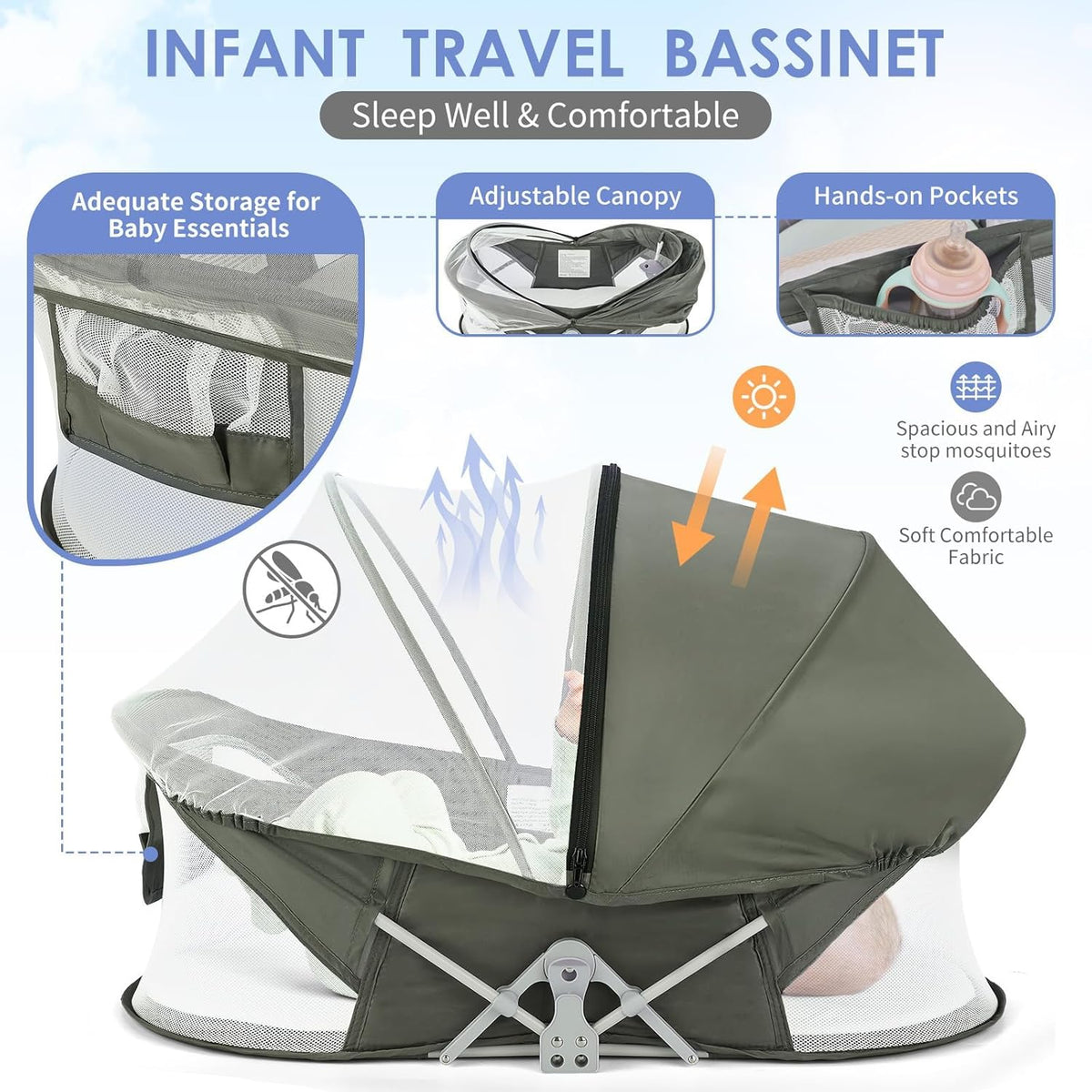 Portable Baby Bassinet Travel Baby Bed, Baby Cribs Travel Pod for Outdoors Baby Lounger Infant Travel Bed with Mosquito Net and Sunshade Canopy, Lightweight Washable