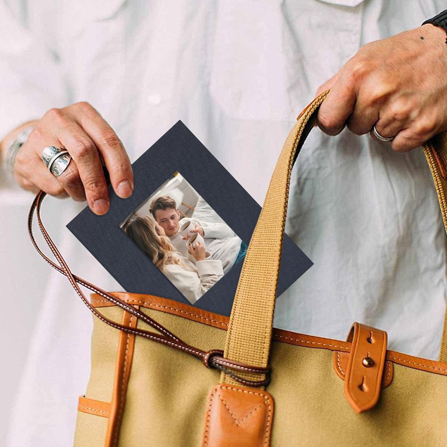 Small 4x6 Photo Album 100 Pockets Linen Cover with Front Window Portable Mini Picture Book for Family Travel Wedding and Memory Keepsake Organizer Gray Blue