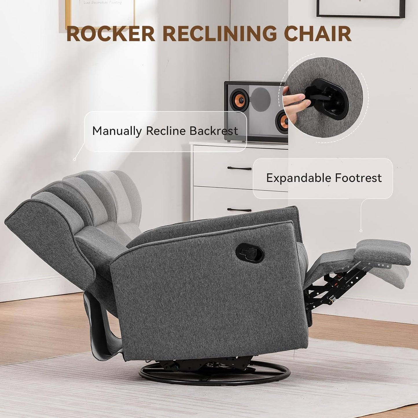 COMHOMA Rocking Recliner Chair,Swivel Glider Reclining Single Sofa Manual Rocker Recliners,Nursery Rocking Chairs with Upholstered Seating for Living Room Office(Gray)