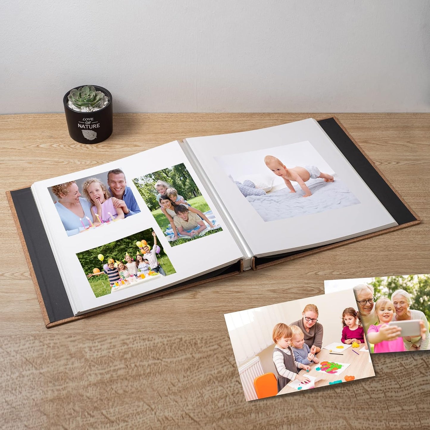 Large Photo Album Self Adhesive Scrapbook Album for 4×6 5×7 8×10 Pictures DIY Magnetic Linen Cover Album 60 Pages for Family Wedding Gifts with Metal Pen and Plastic Board