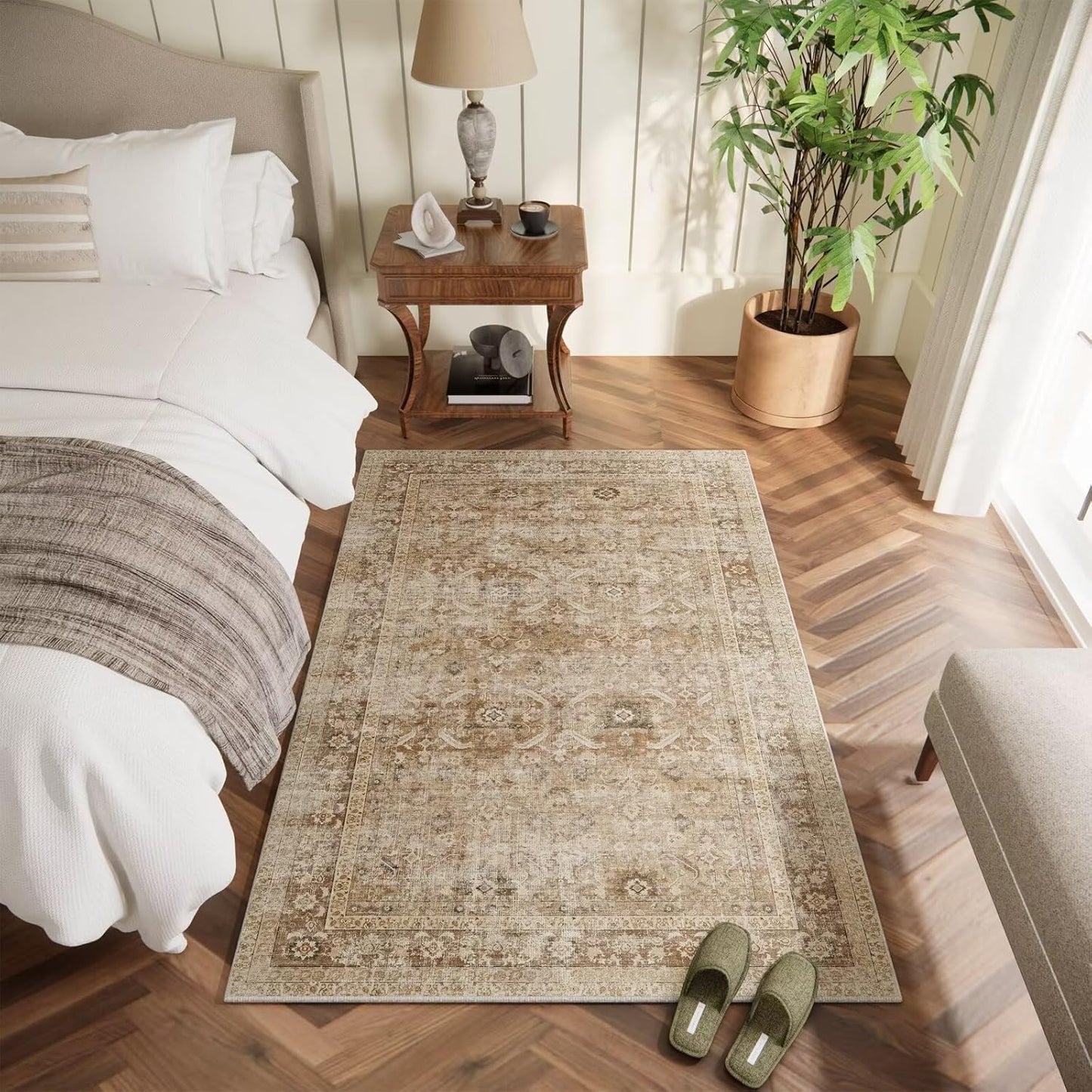 Washable 3x5 Entryway Rug Indoor, Boho Non-Slip Silicone Backing Small Rugs for Kitchen Nursery Office Bedroom, 0.3" Neutral Oriental Throw Carpet with 0.16" Cushioning Pad, Brown/Multi