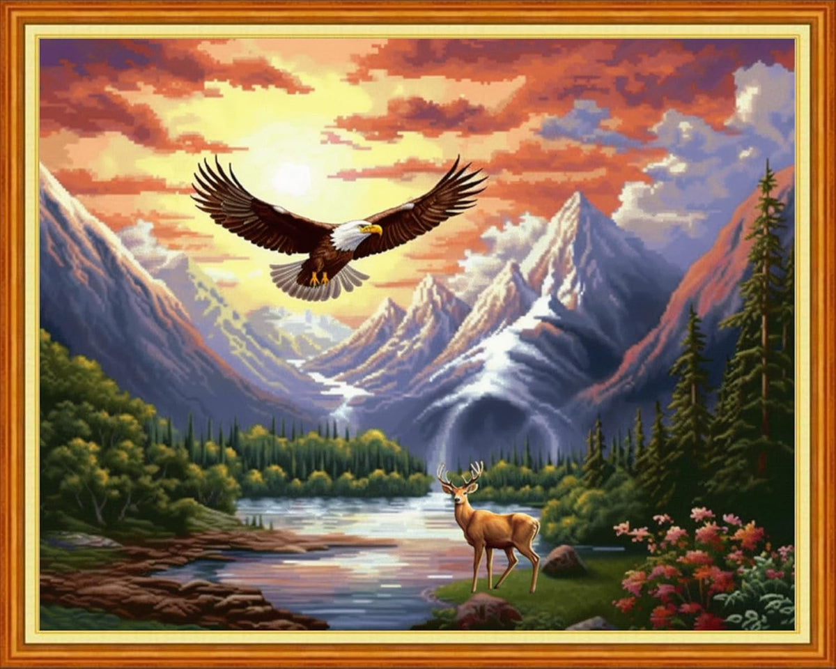 Stamped Cross Stitch Kits - Beach Night Landscape Counted Cross Stitch Kits for Beginners Adults Needlepoint Cross-Stitch Patterns-Eagle and Deer 16x20 inchs