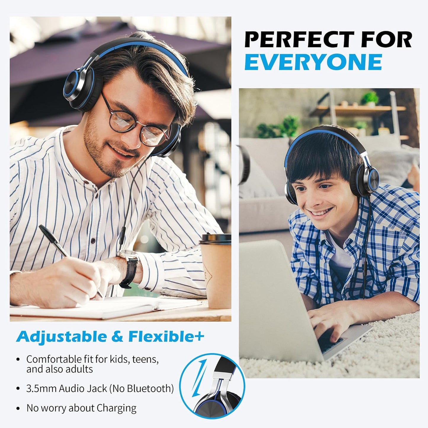 AILIHEN C8 Headphones Wired, On-Ear Kids Headphones with Microphone and Volume Control Foldable Corded Stereo 3.5mm Headset for School Teens Smartphones Chromebook Laptop Tablets Travel (Black Blue)