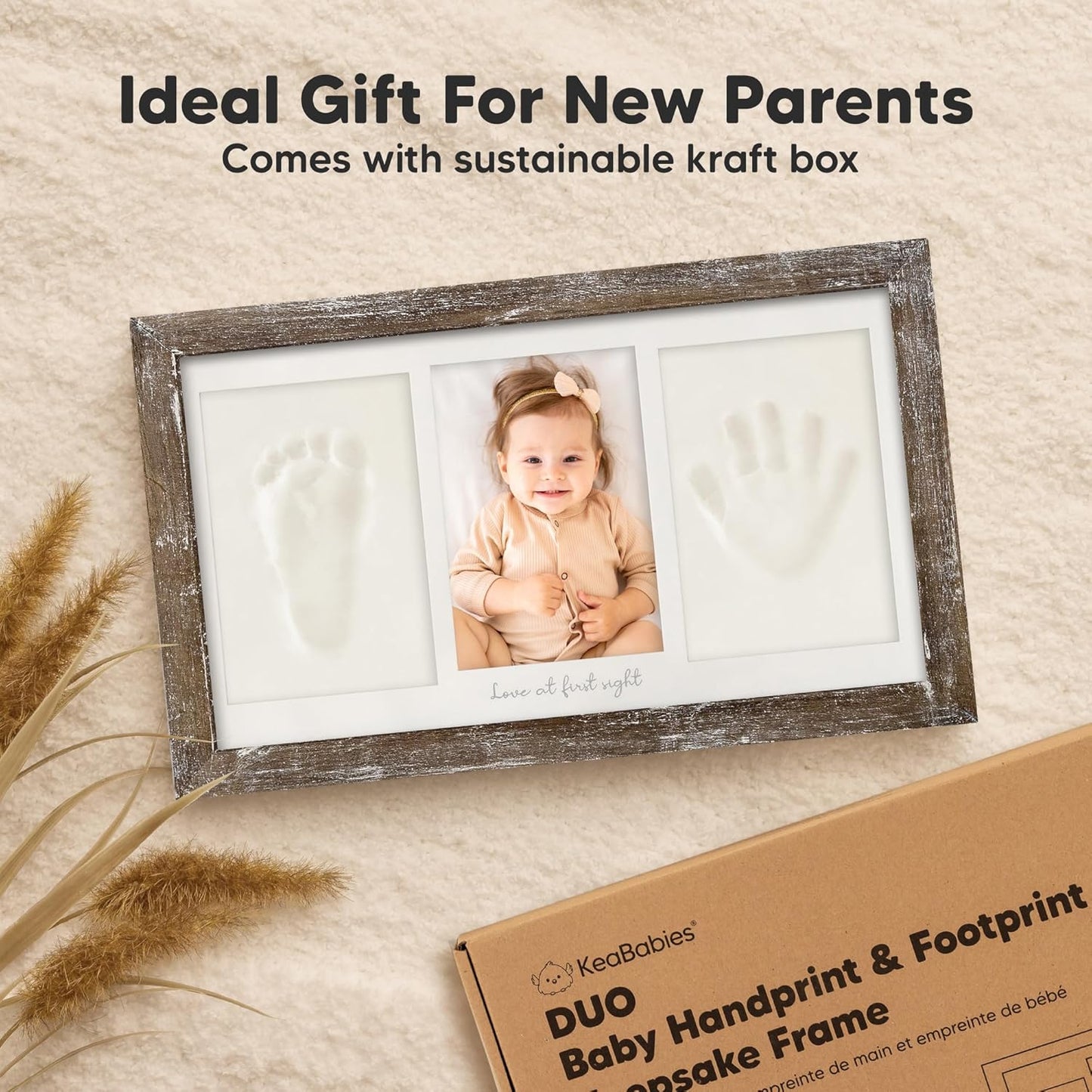 Baby Hand and Footprint Kit - Clay Handprint Keepsake Frame, Newborn Nursery Picture Frame, Personalized New Mom Gifts for Baby Shower & Registry (Barnwood)