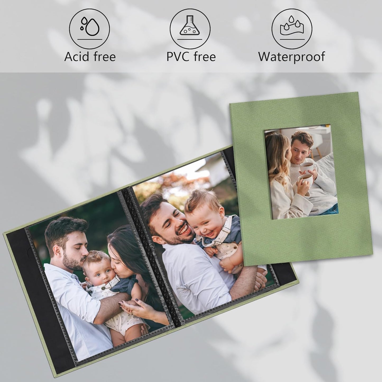 Small 4x6 Photo Album 24 Pockets Linen Cover with Front Window Portable Mini Picture Book for Travel Wedding Memories Organizer Gray Green