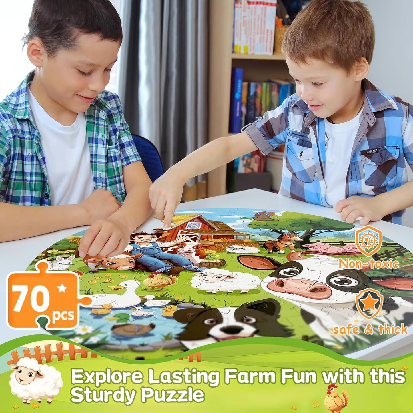 Puzzles for Kids Ages 4-6, 70 Piece Educational Round Floor Puzzles for Kids Ages 3-5, Toddler Farm Puzzles with Animals & Barn, Popular Preschool Toys & Gift Kids Puzzles Ages 3 4 5 6 7 8 9 10