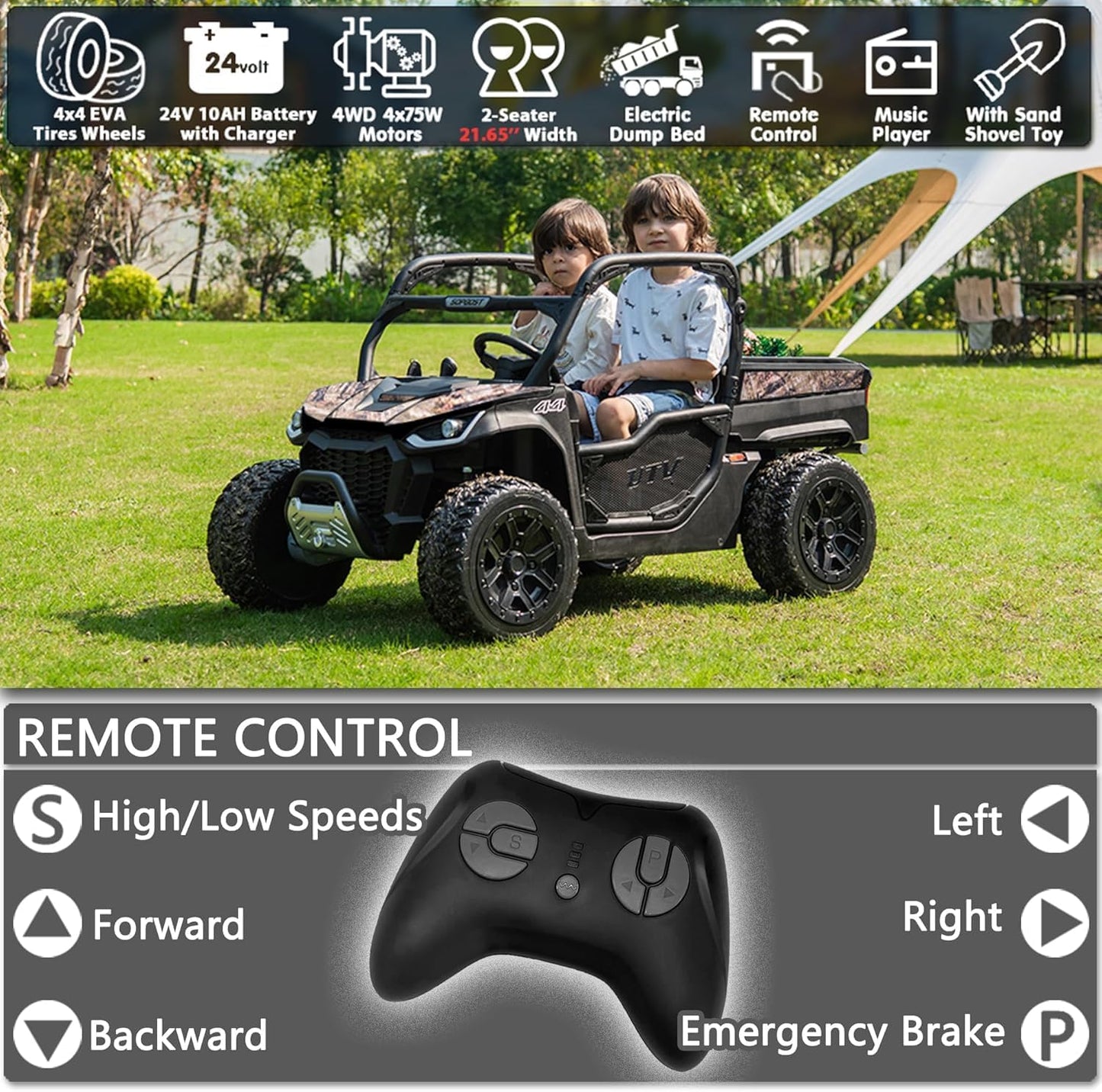 sopbost 24V 10Ah Ride On Toys for Big Kids to Drive 2 Seater Ride On Car with Remote Control Battery Powered Side by Side UTV with Large Dump Bed, 4x75W Motors, Camouflage Black