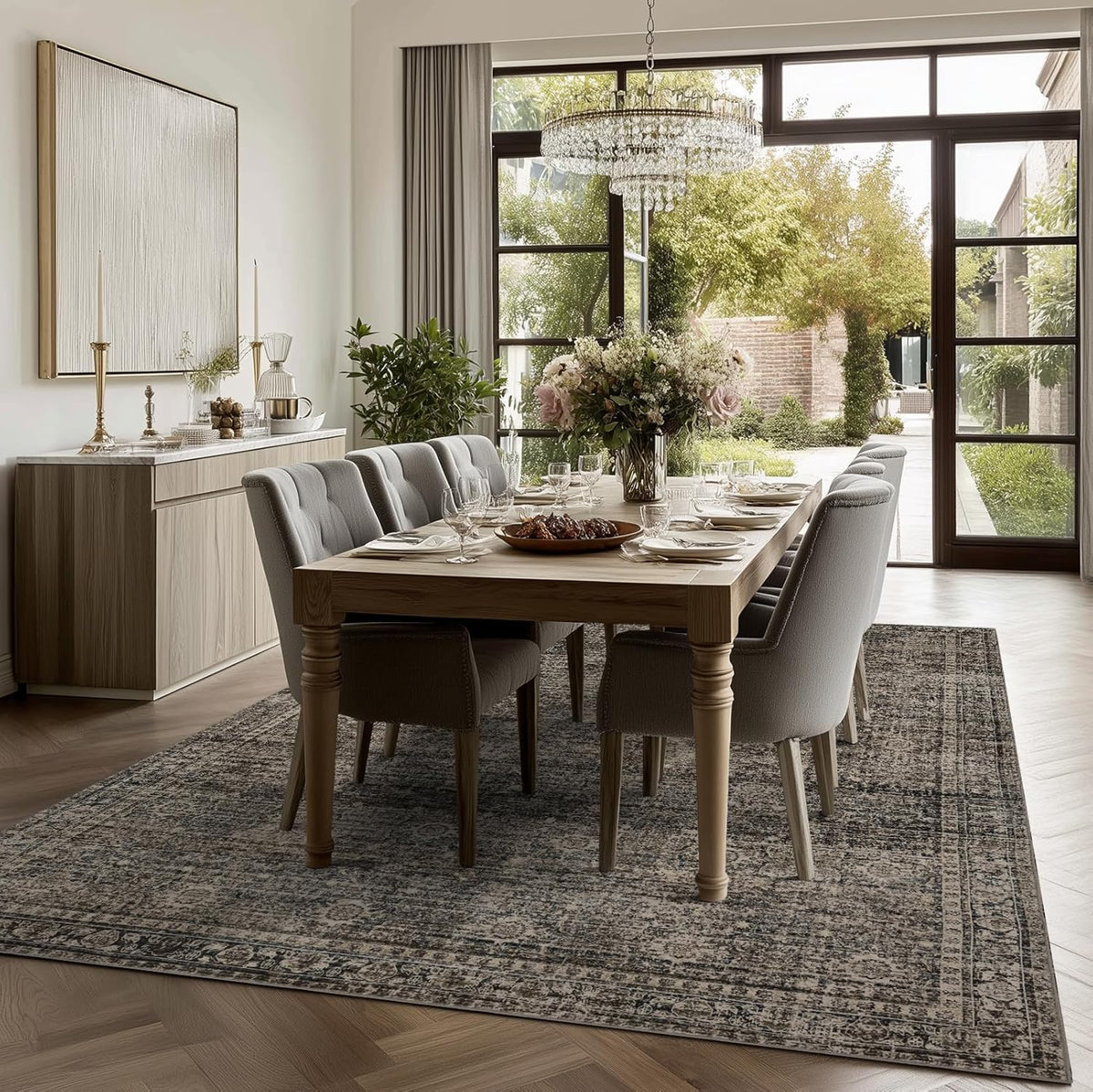 Washable 6x9 Area Rug for Living Room, Carpet for Bedroom Dining Room, Non Slip&Non-Shedding Resistant Low Pile Vintage Print Rug for Home Office (Brown)