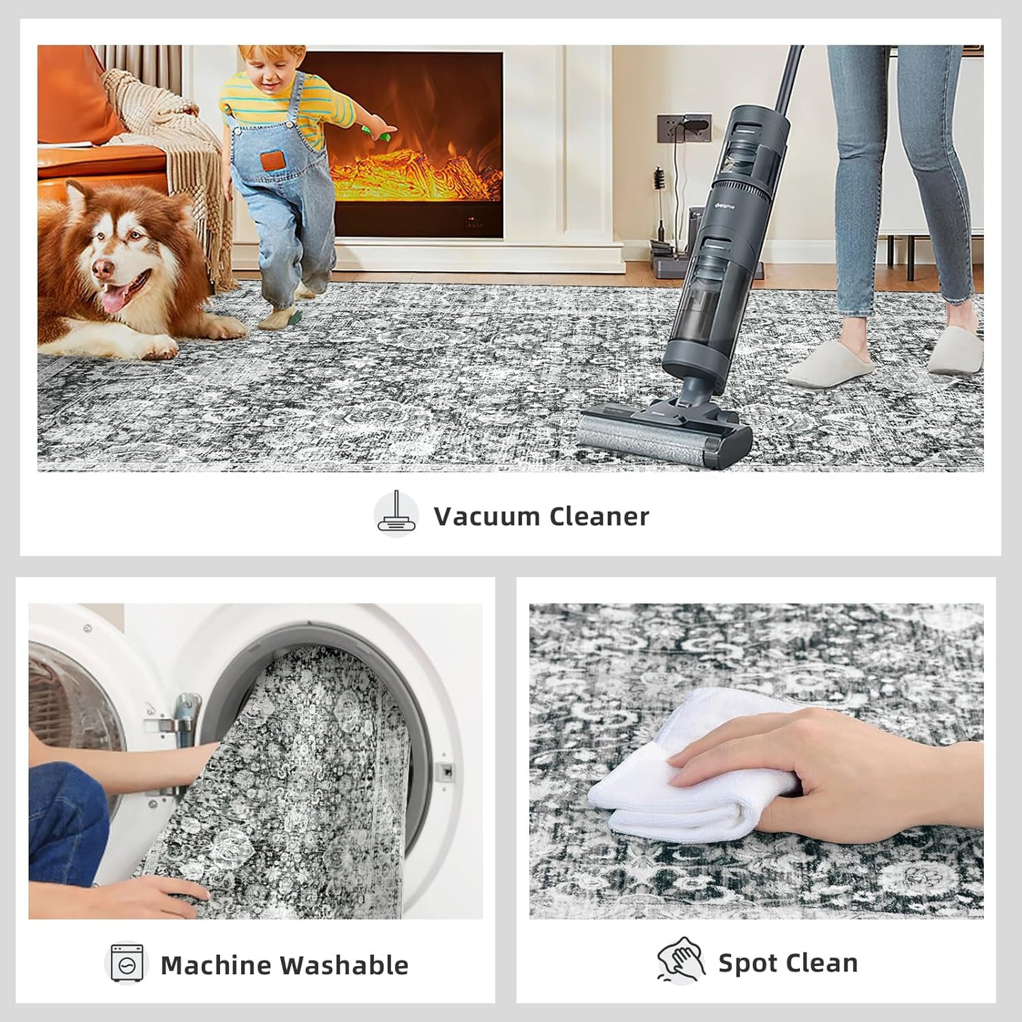 Deerly Area Rugs 9x12 Rug Living Room Distressed Area Rugs, Non Slip Large Washable Rugs for Bedroom Dining Room Office, Floor Decoration Big Rug Low-Pile Grey