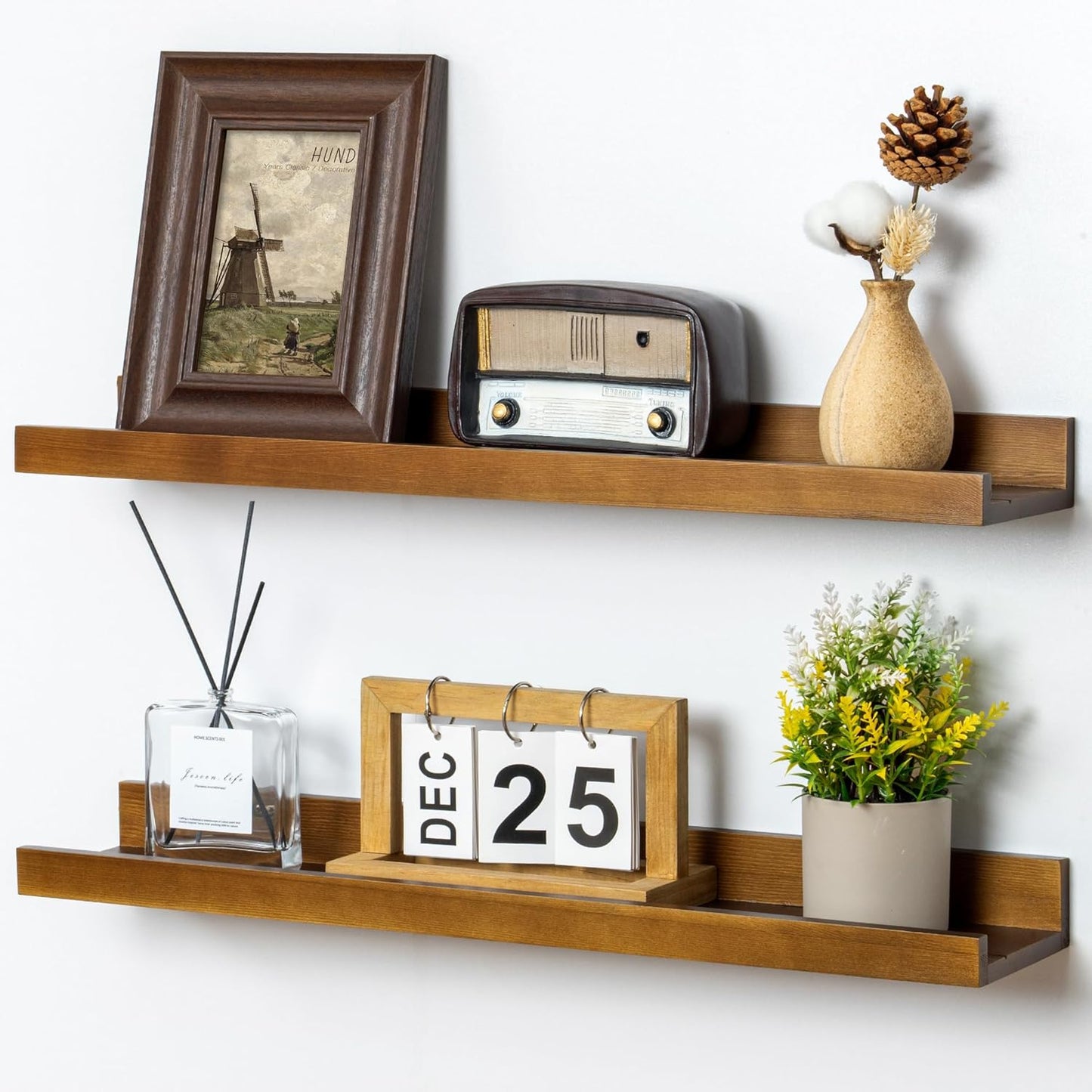 Picture Ledge Wall Shelves 24 inch Width Set of 2, Solid Pine Wood Rustic Floating Ledge Shelves for Wall for Kids' Room Bedroom Kitchen Bathroom Living Room Nursery Display Wall Decor, Walnut