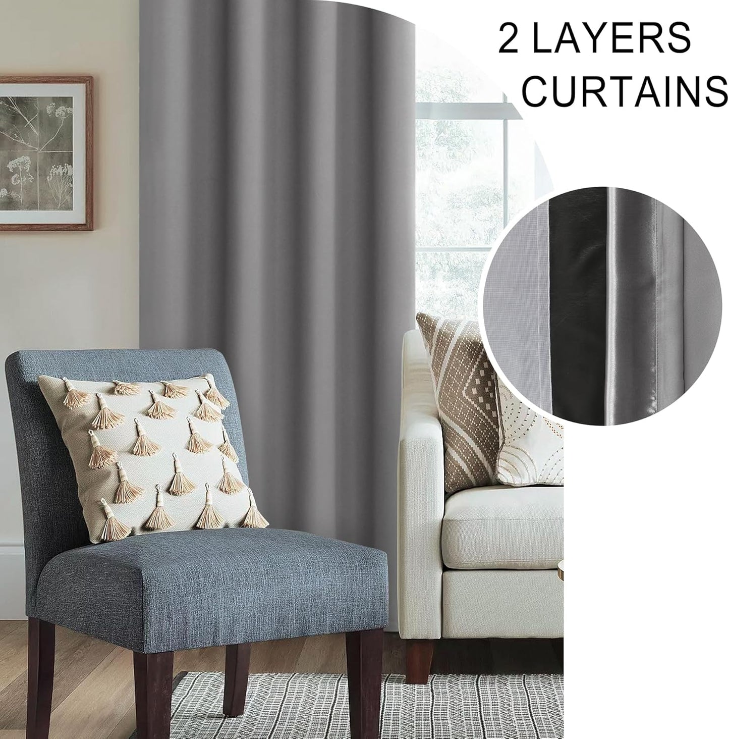 XWZO Full Shading Blackout Curtains 72 Inches Length - Heat and Light Blocking Rod Pocket Window Drapes with Black Liner Backing for Bedroom Sewn with Tiebacks, Grey, W52 x L72, Set of 2