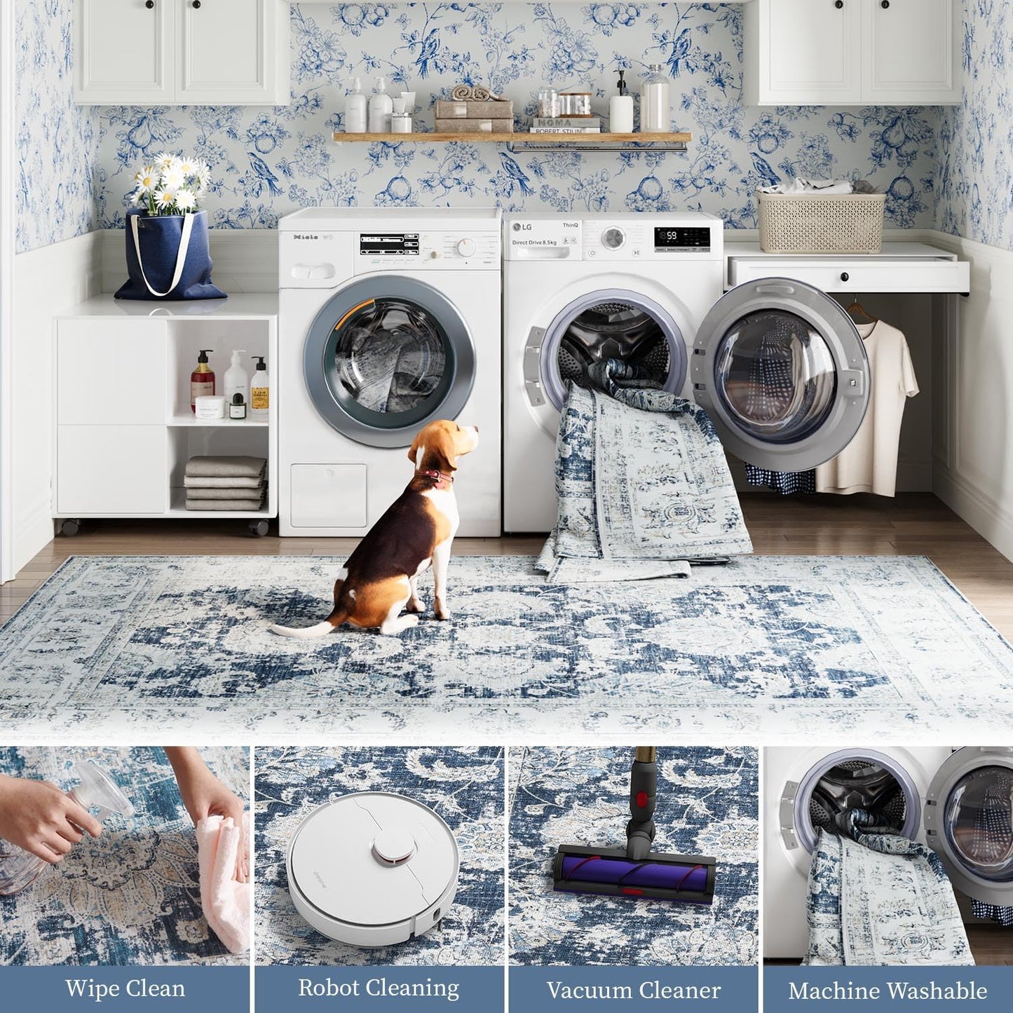 jinchan Hallway Runner Rug 3x8 Machine Washable Runner Rug Dark Blue Vintage Floral Design Non-Slip Low Pile Ultra-Thin for Kitchen Laundry Room Bedroom Farmhouse (3‘x8',Dark Blue)
