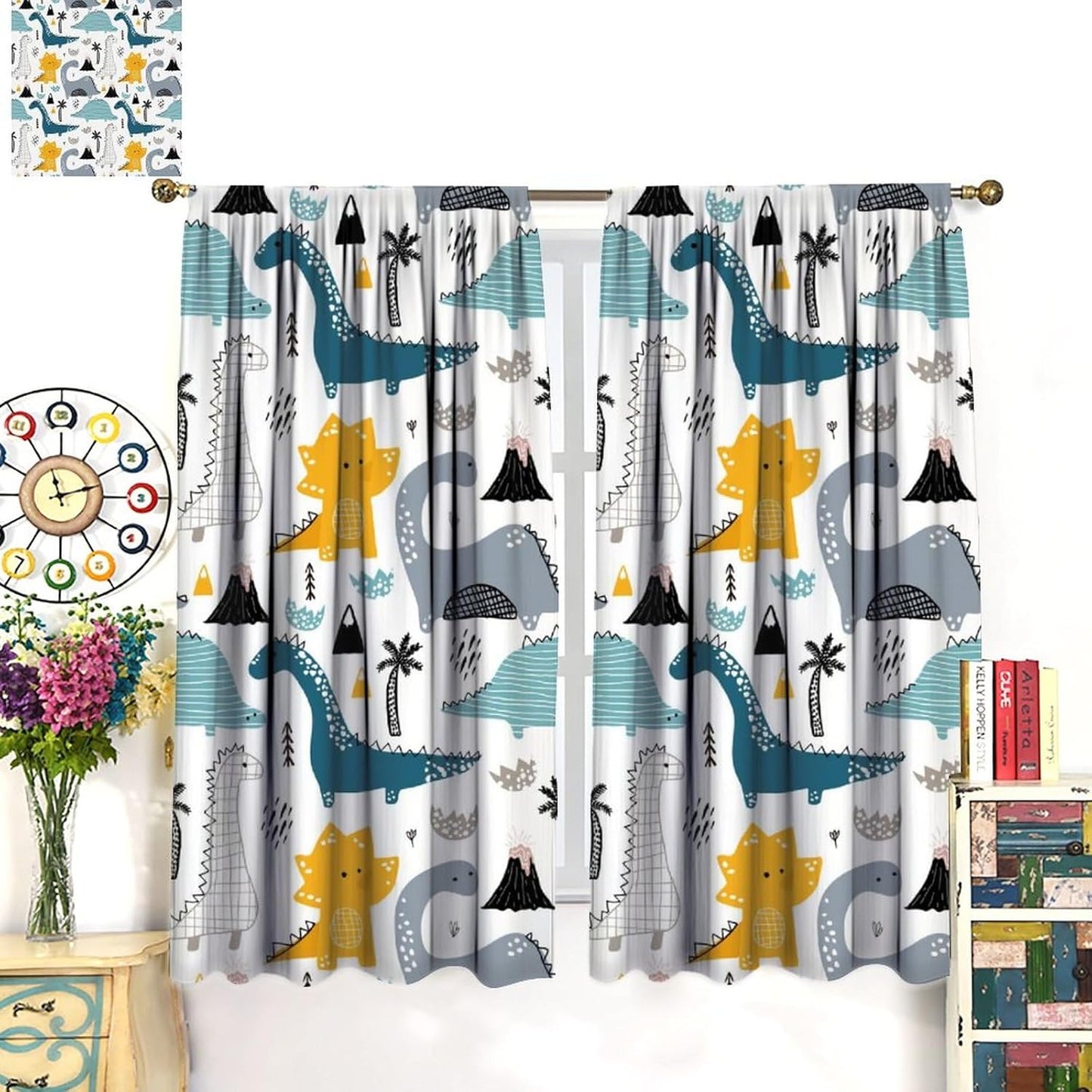 Kids Dinosaur Curtains for Boy Girl Bedroom Decor Cartoon Dino Colorful Cute Funny Wildlife Animal Printed Blackout Rod Pocket Window Drapes for Baby Nursery Playroom Living Room W31.5xL63in 2 Panels
