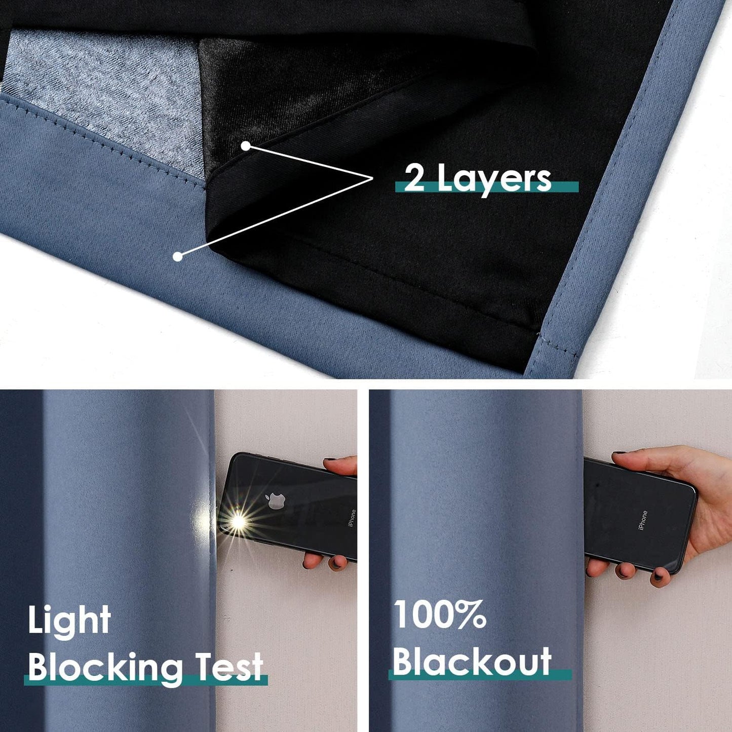 ChrisDowa 100% Blackout Curtains 108 inch Long for Bedroom with Black Liner, 2 Thick Layers Total Blackout Thermal Insulated Grommet Window Curtains 2 Panels Set (Stone Blue, 52 x 108 Inch)