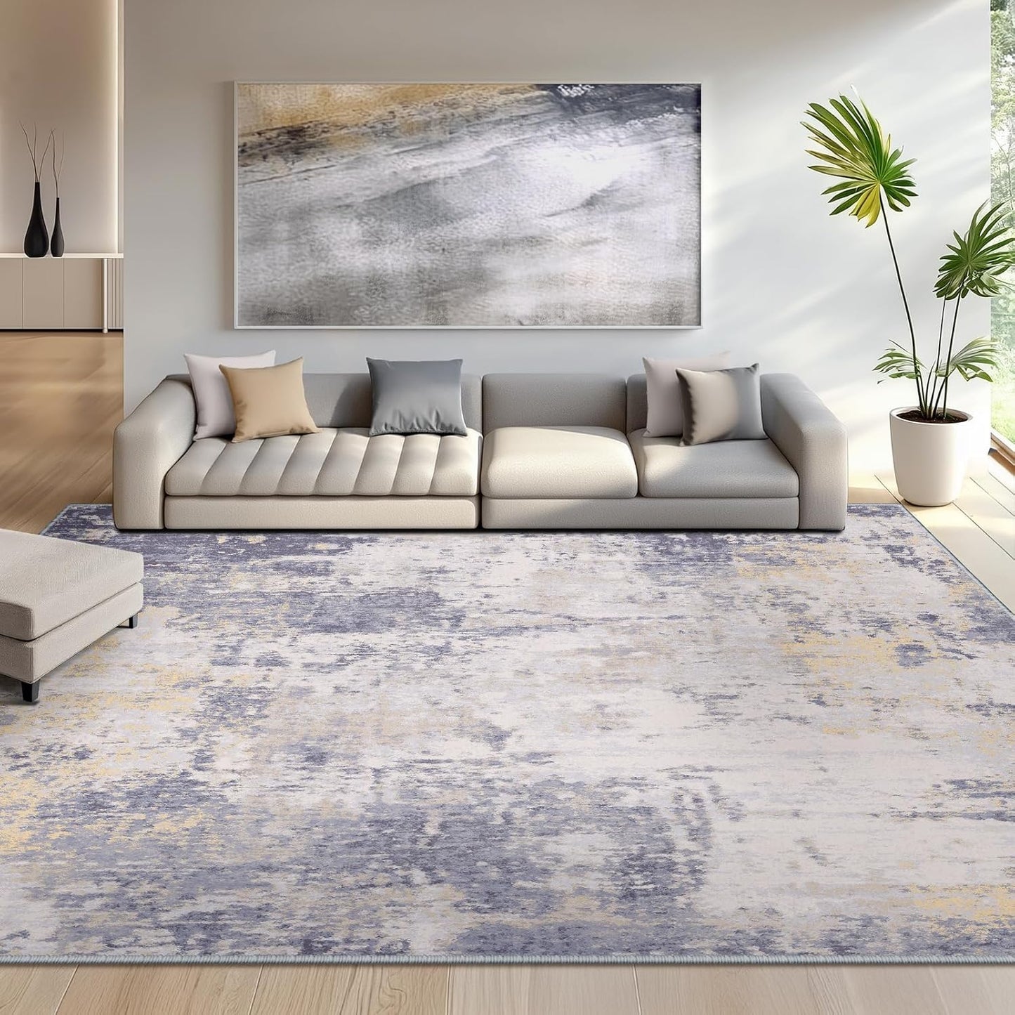 Washable Area Rugs 8'x10' Non-Slip Modern Abstract Soft for Living Room Entryway Bedroom Nursery, Print Pattern, Purple Grey Cream Yellow