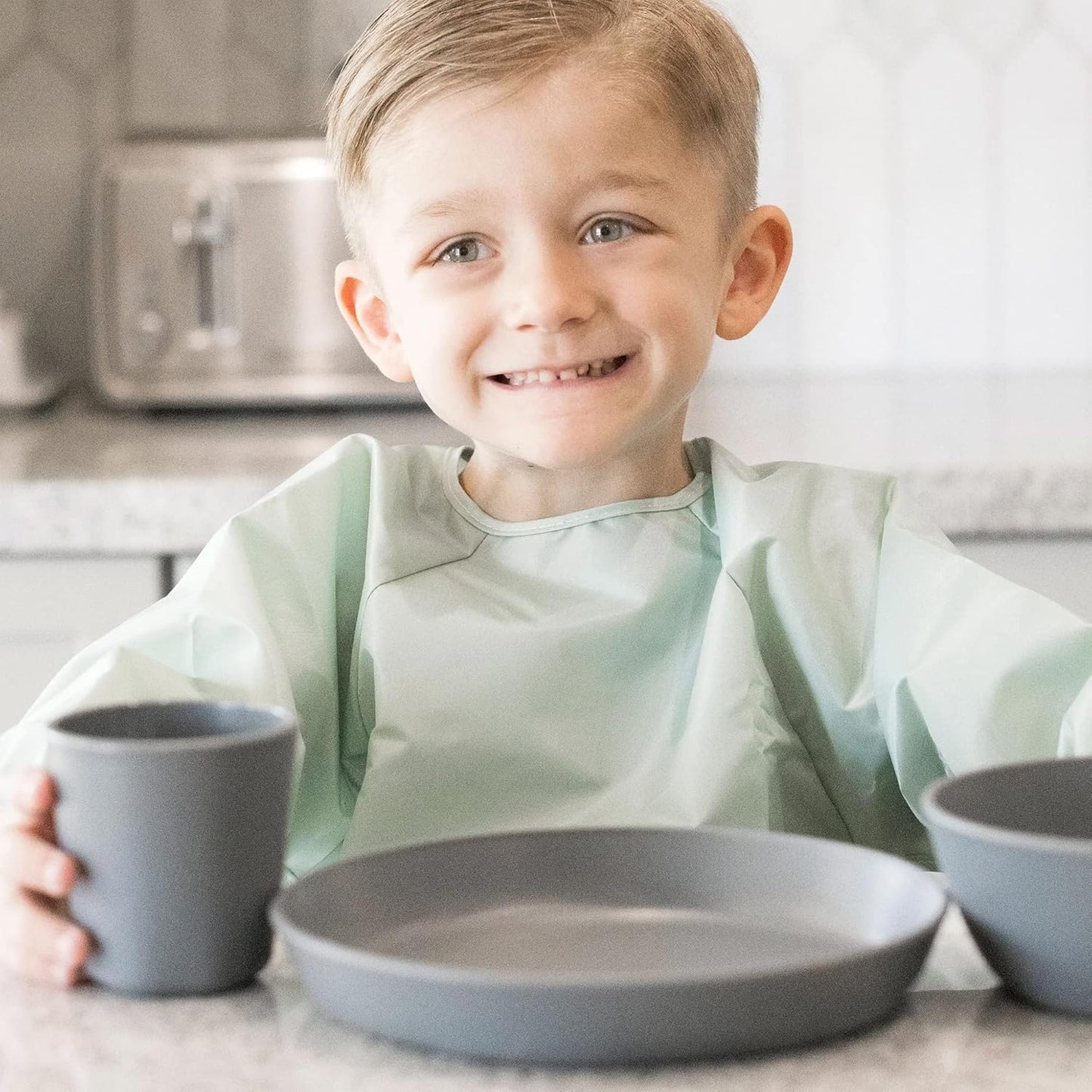 Tiny Twinkle Mess Proof Baby Bibs, 2pk Waterproof Smock Baby Bibs for Eating, Machine Washable Long Sleeve Bibs, Baby Led Weaning, Toddler Bibs, BLW Supplies (Sage Charcoal, Small 6-24 Months)