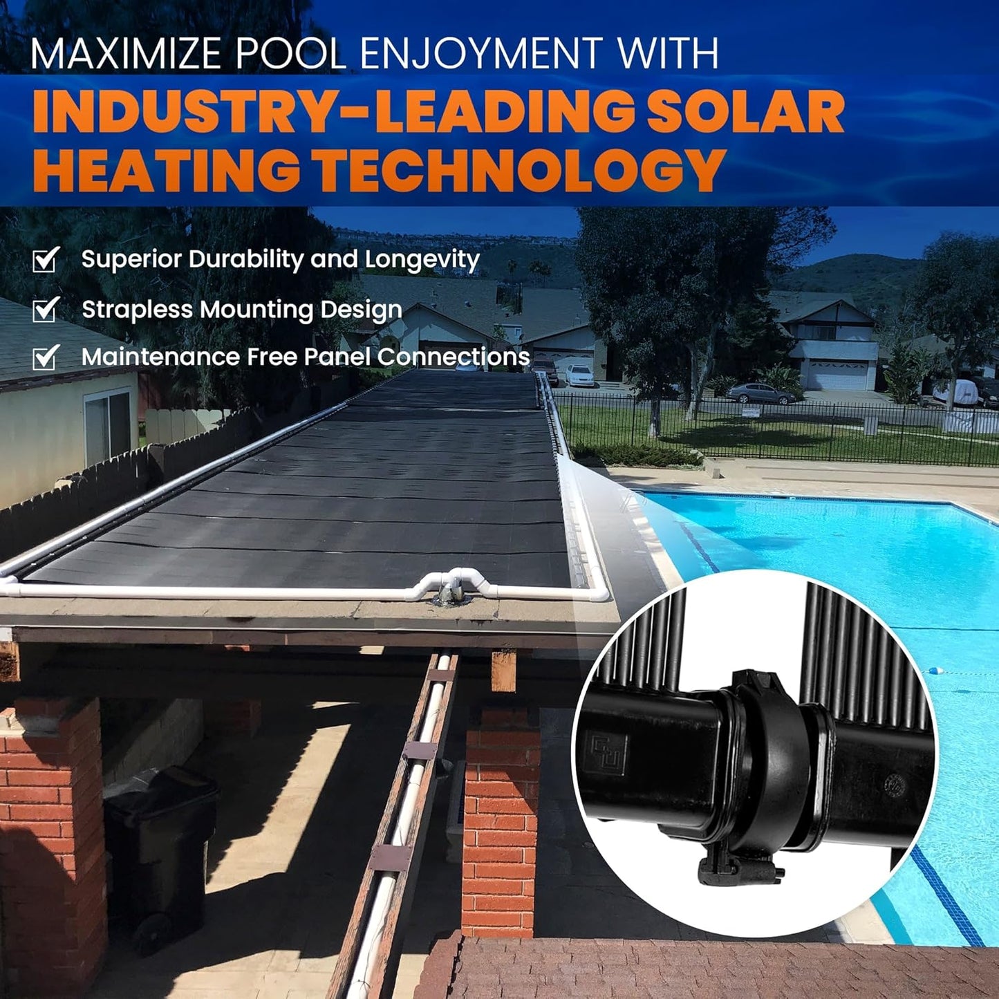 Industrial Grade Solar Pool Heater DIY Kit - Superior High-Wind Strapless Mounting System & Maximum Freeze Resistance (6-4'x7.5' / 180 Square Feet)
