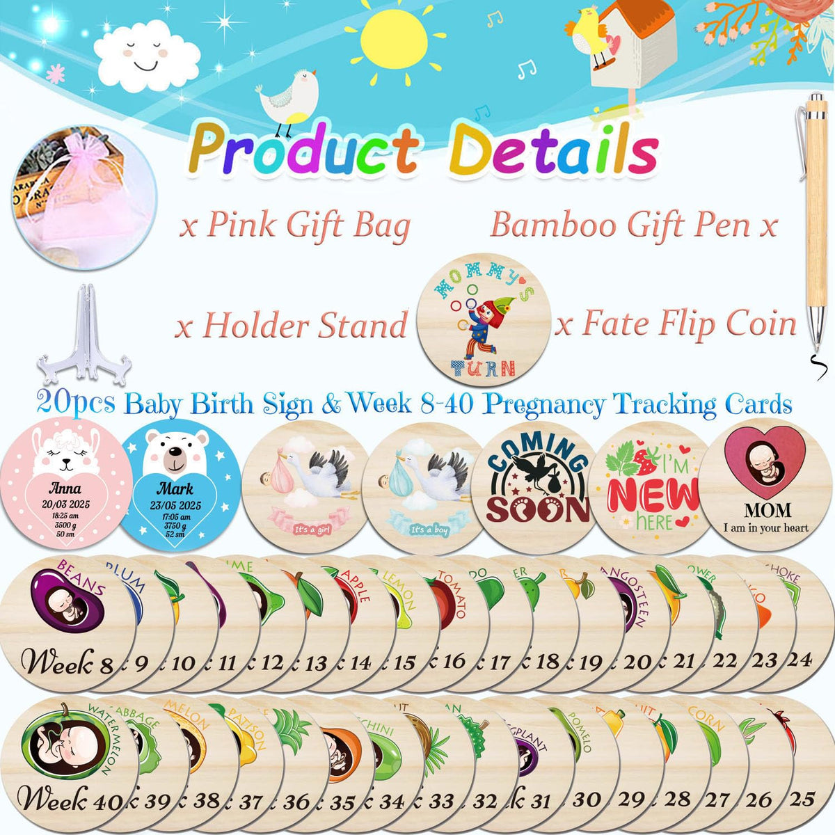 42 Designs Pregnancy Weekly Milestone Signs - Wooden Weekly Baby Bump Tracker Milestone Discs - Trimester Pregnancy Must Haves - Essential Gifts for Mommy to Be (Pregnancy Milestones Cards)