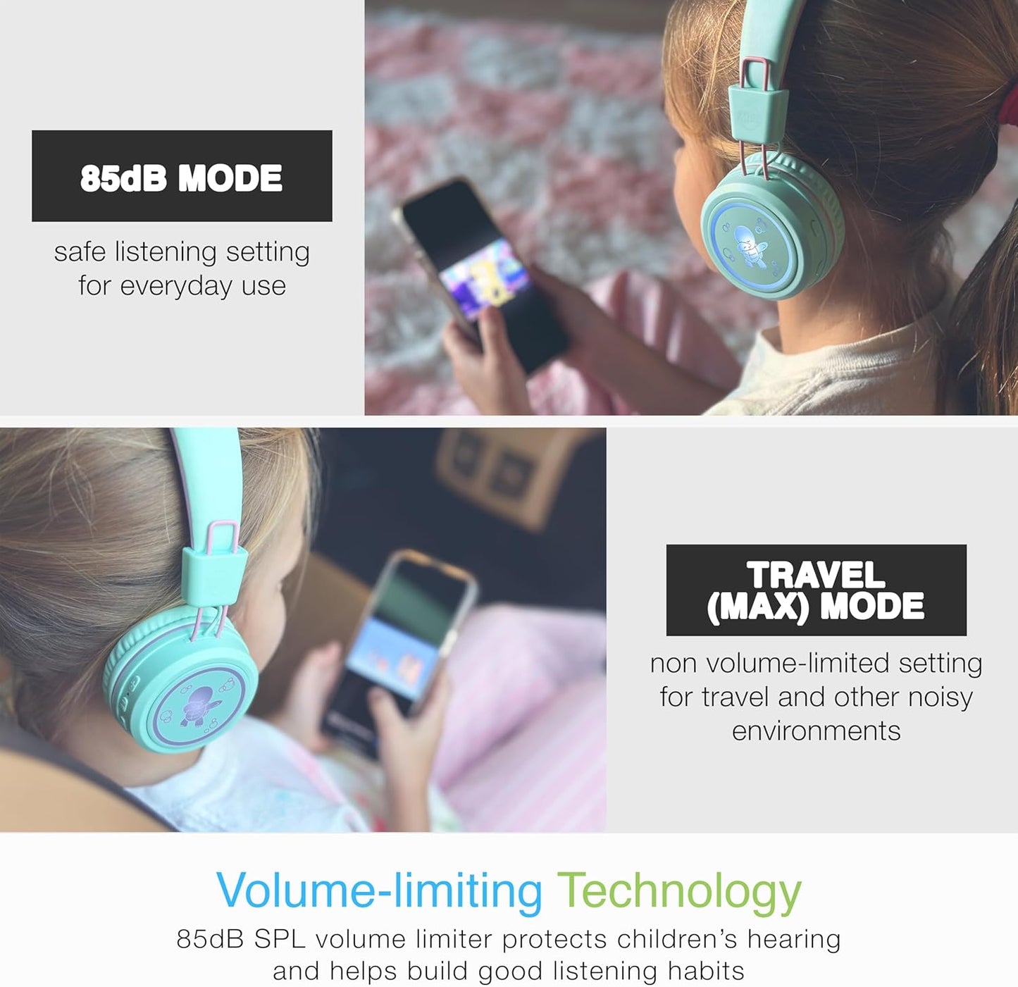 MEE audio KidJamz KJ55BT Personalized Bluetooth Wireless Safe Listening Headphones for Kids w/Custom LED-Backlit Design, Volume Limiter, Microphone; Kids Headset for School/iPhone/iPad/Tablet (Mint)