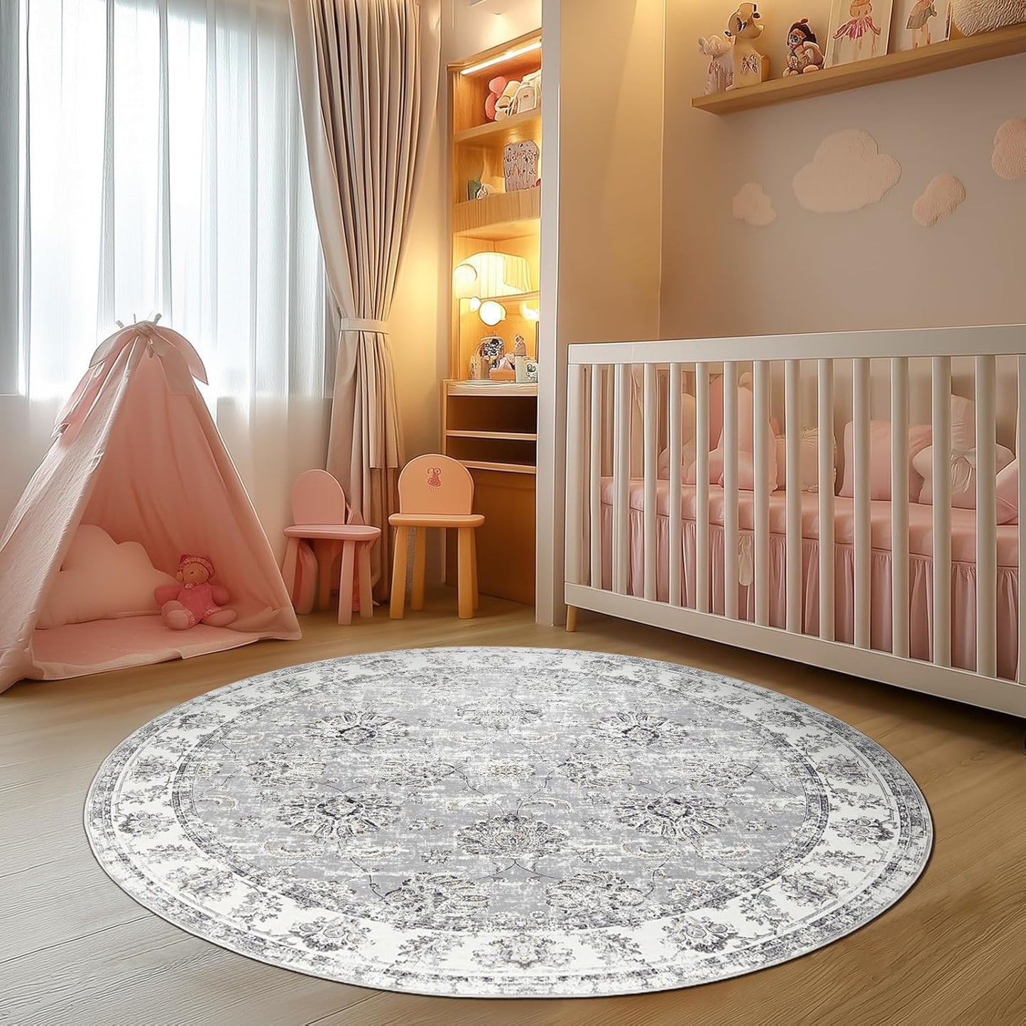 jinchan Round Rug 4ft Area Rugs Vintage Floral Distressed Design - Machine Washable Non-Slip Low-Pile Ultra-Thin Circle Rug for Entryway Bedside Living Room Dining Room Bedroom (4' Round,Grey)