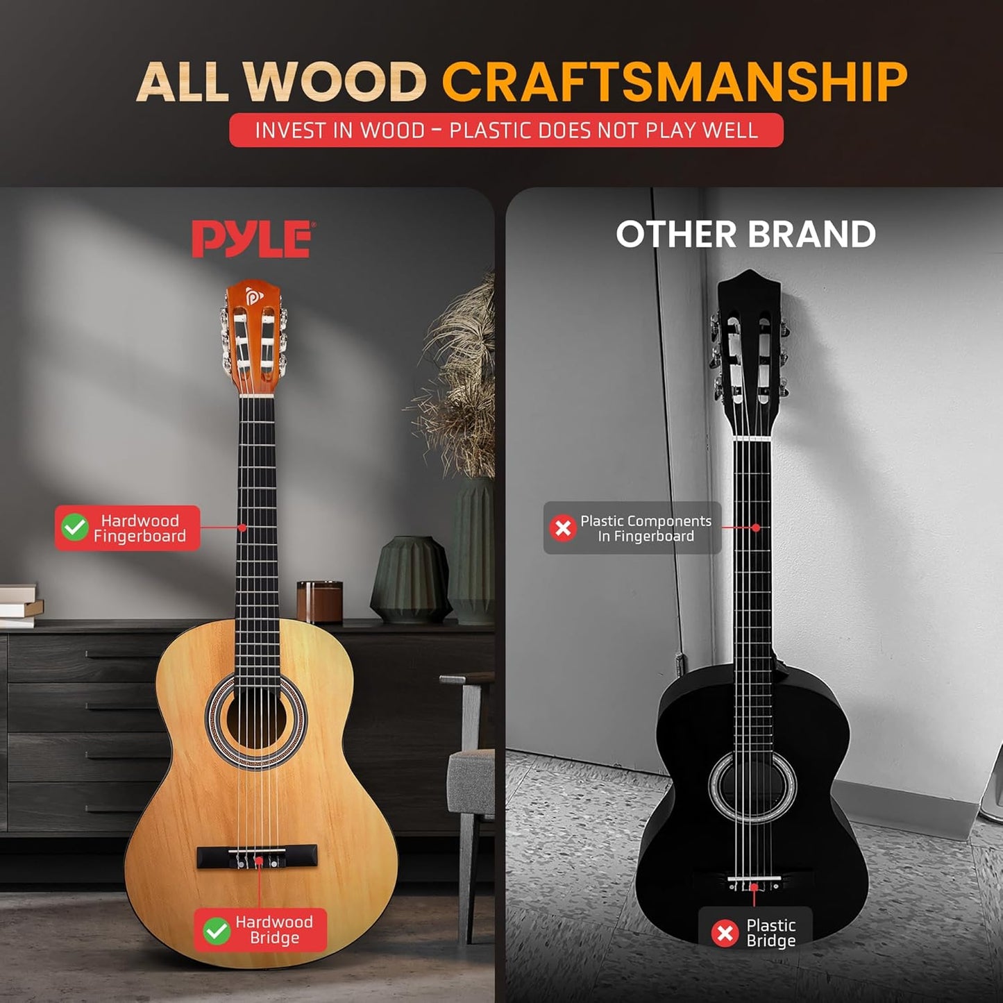 Pyle Beginner Acoustic Guitar Kit, 3/4 Junior Size All Wood Build Nylon String Instrument with Capo, Strap, Extra String Set, Gig Bag, Guitars for Beginners Adults Youth, 36" Natural Gloss