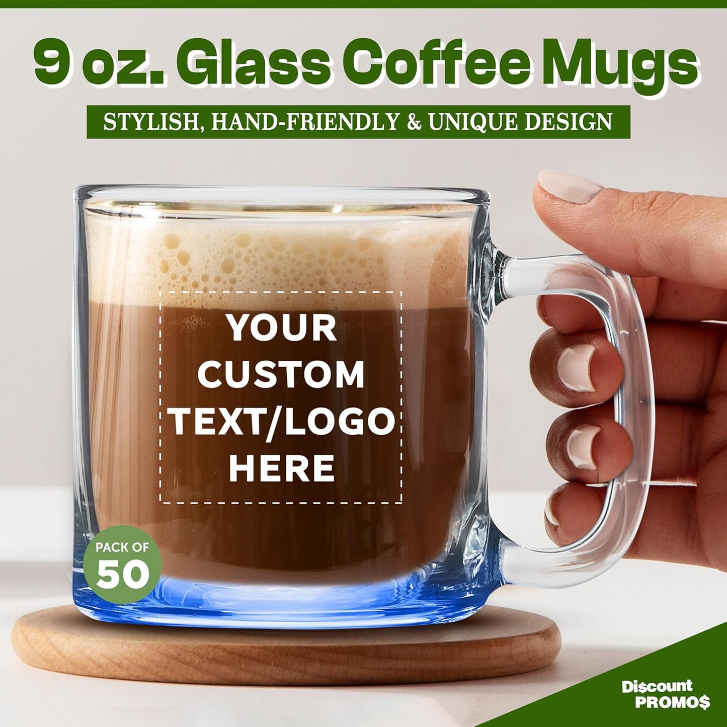 DISCOUNT PTOMOS Custom Small Glass Coffee Mugs 9 oz. Set of 50, Personalized Bulk Pack - Perfect for Coffee, Tea, Espresso, Hot Cocoa, Other Beverages - Blue