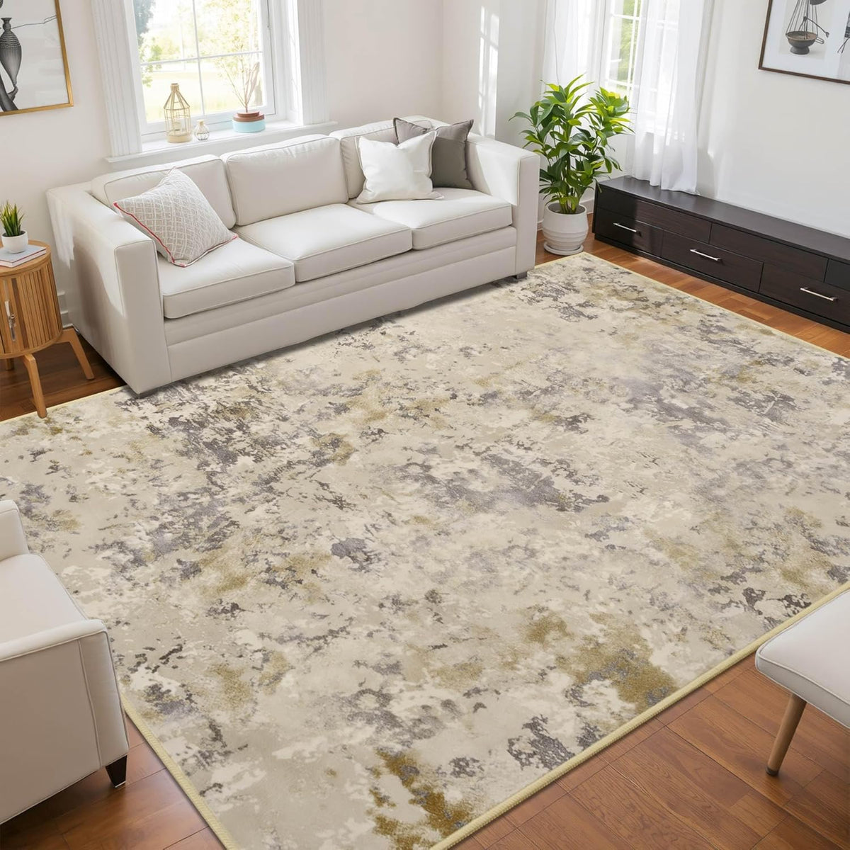 Living Room Rugs 6x9 Beige Washable Area Rug, Abstract Modern Bedroom Rugs Non Slip Stain Resistant Neutral Large Carpet for Nursery, Dining, Kids Playroom, Dining Room, Office