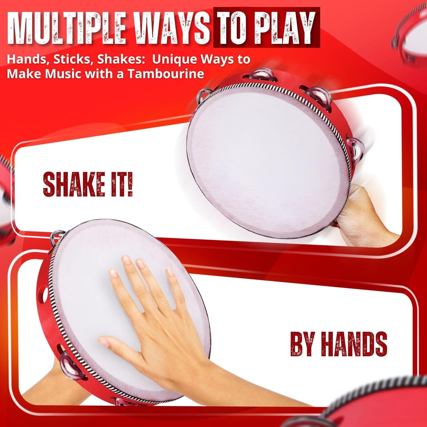 Flexzion Wood Handheld Tambourine 8" Inch Single Row 5 Pair Jingles (2 Pack, Red) - Hand Held Percussion Drum Moon Musical Tambourine with Ergonomic Handle Grip