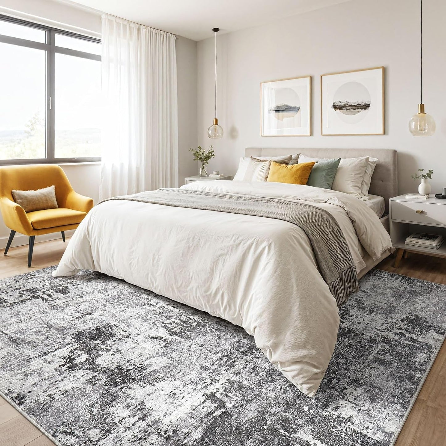 7x9 Area Rug Living Room: Machine Washable Large Abstract Modern Soft Rugs Stain Resistant Indoor Floor Non Slip Accent Carpet for Bedroom Nursery Playroom Office Dining Room Dorm Home- Black Grey