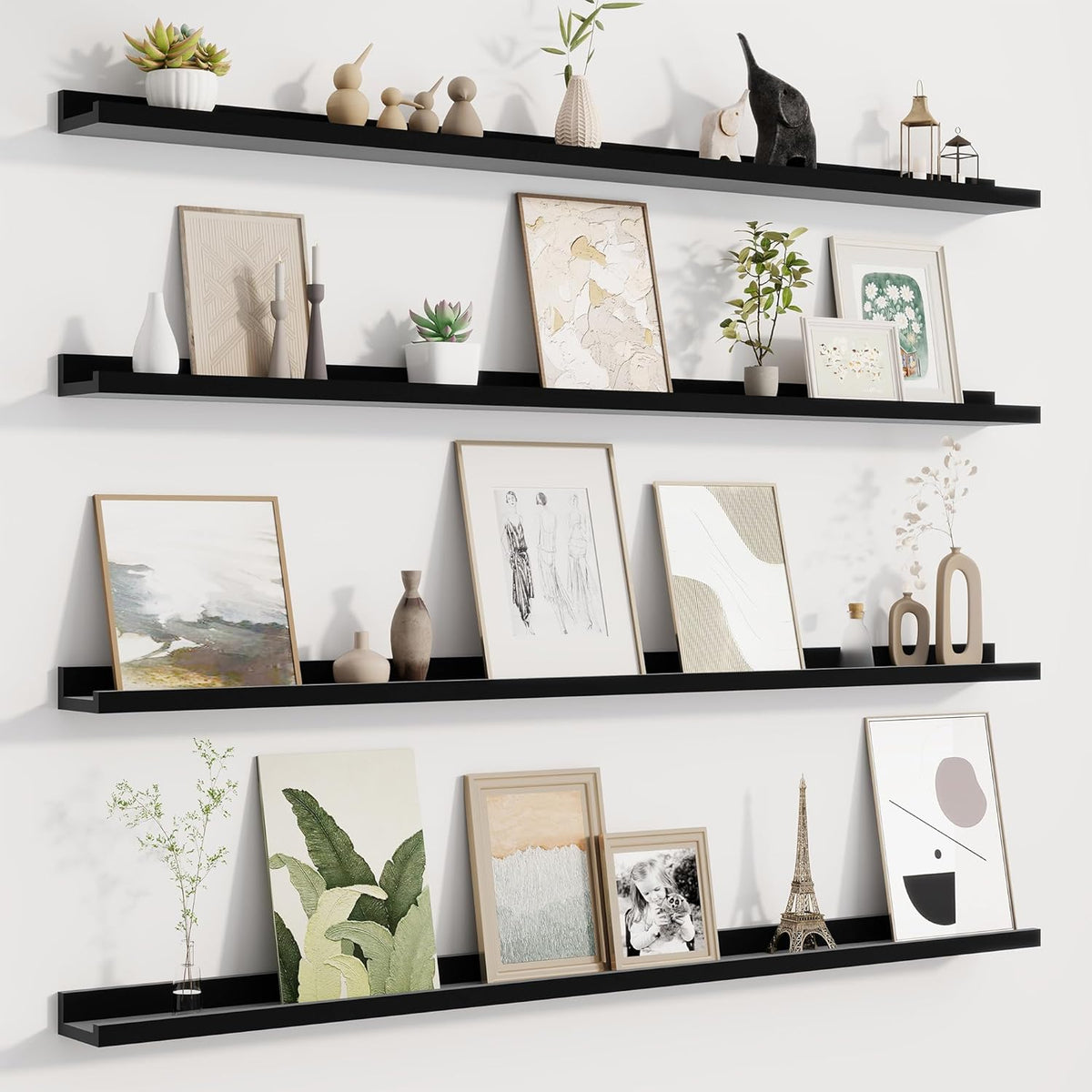 Picture Ledge Shelf for Wall, Floating Shelves Set of 4, 48 Inch Long Nursery Book Shelves for Toys Storage, Kids Bookshelf Wall Mounted for Books Photo Frames, Black