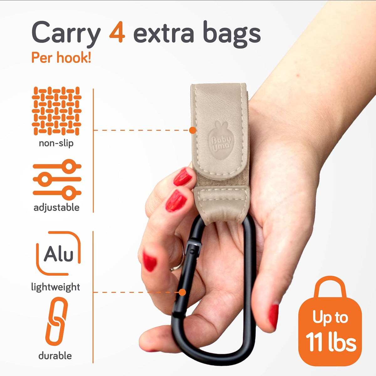 Baby Uma Stroller Hooks for Bags (2 Pack) - Leather-Style Stroller Clips and Hooks, Non-Slip Stroller Accessories, Carry 11 lbs Per Stroller Hook, Universal Baby Essentials & Stroller Accessories
