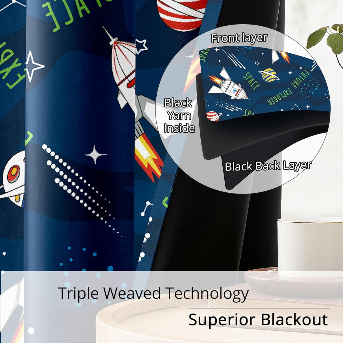 Kids Space Rocket Blackout Curtains - 100% Blackout, Thermal Insulated, Noise Reducing, Perfect for Kids Room and Nursery, 2 Panels (Future Explorer Rockets, W52×L63)