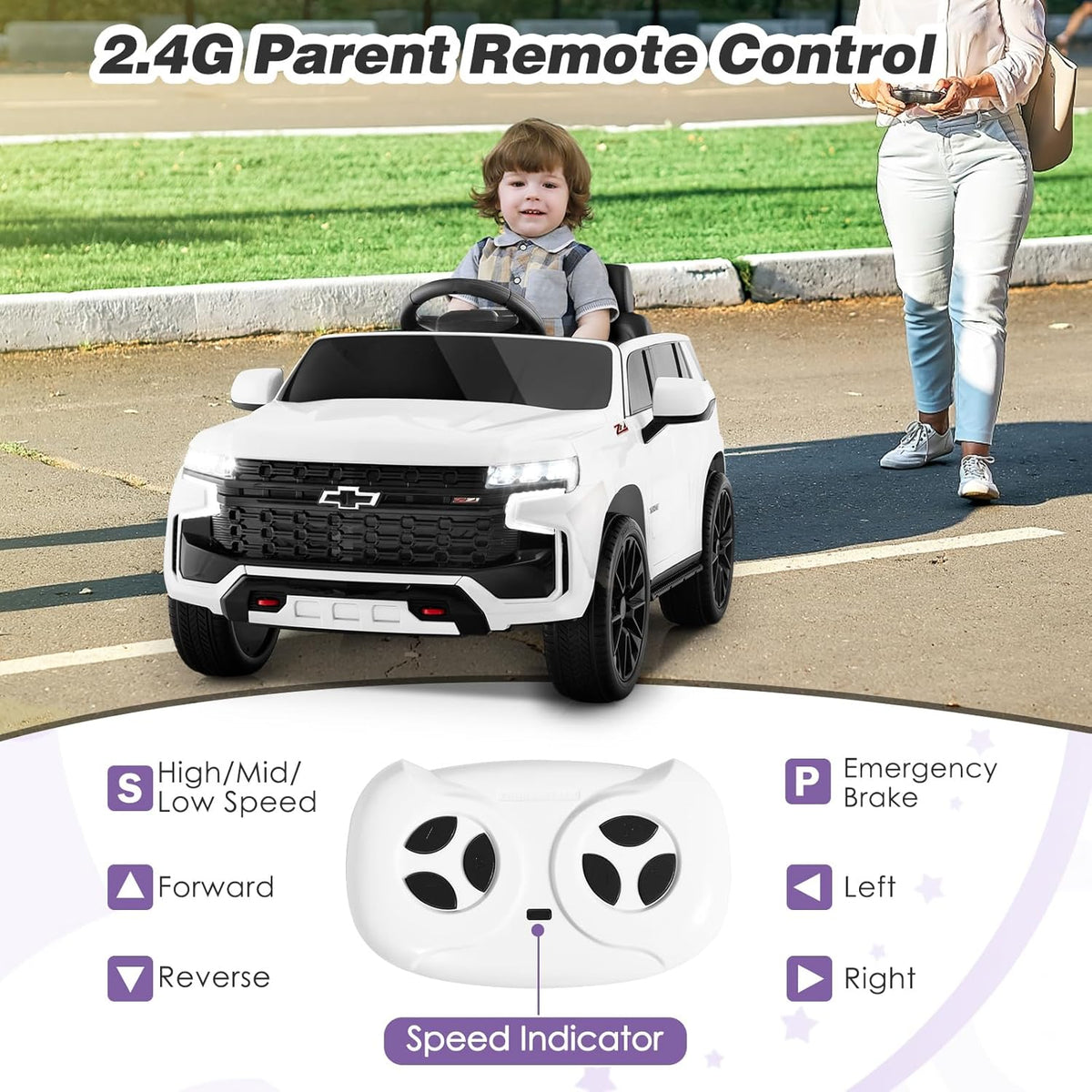 Costzon Ride on Car, 12V Licensed Chevrolet Tahoe Battery Powered Electric Vehicle w/ 2.4G Remote Control, High/Low Speed, Music, Lights, MP3/USB/FM, Spring Suspension, Electric SUV for Kids (White)