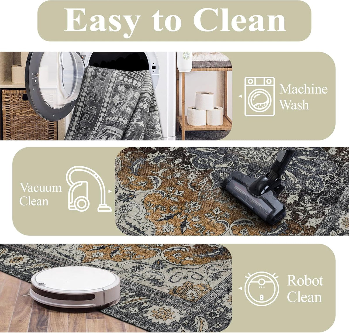Washable Area Rugs 8x10, Large Rugs for Living Room, Carpet for Bedroom, Soft Faux Wool Retro Dining Room Rug, Non-Slip Backing Resistant Low Pile Vintage Print Rug for Home Office (Tan/Gray)