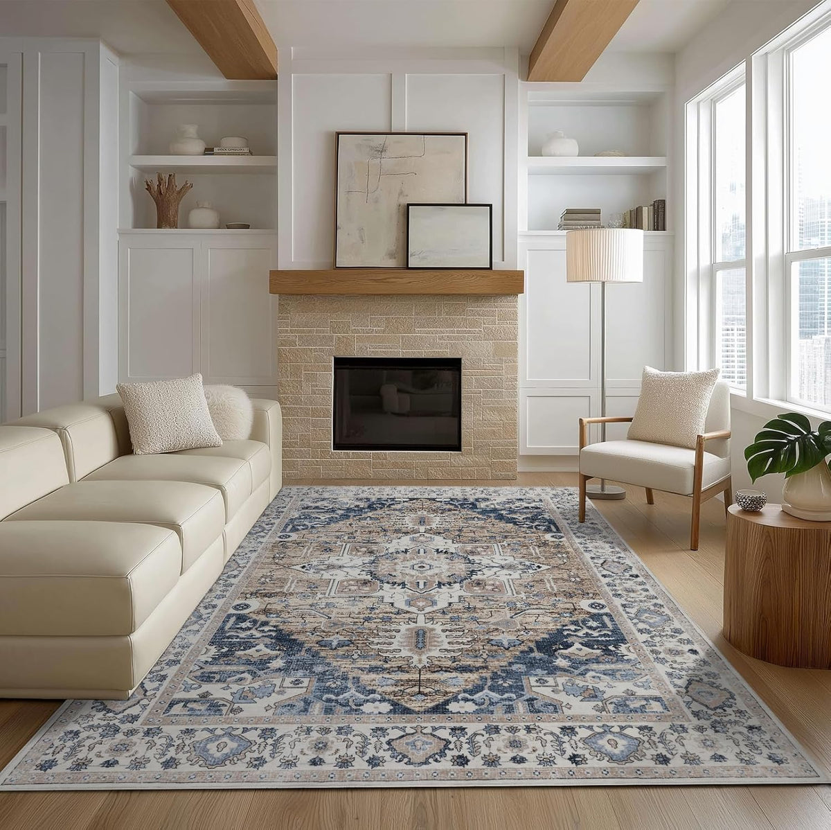Washable Rugs 5x7 Area Rugs for Living Room, Thin Carpet for Bedroom, Soft Faux Wool Retro Dining Room Rug，Non Slip&Non-Shedding Resistant Low Pile Vintage Print Rug for Home Office (Taupe/Blue)