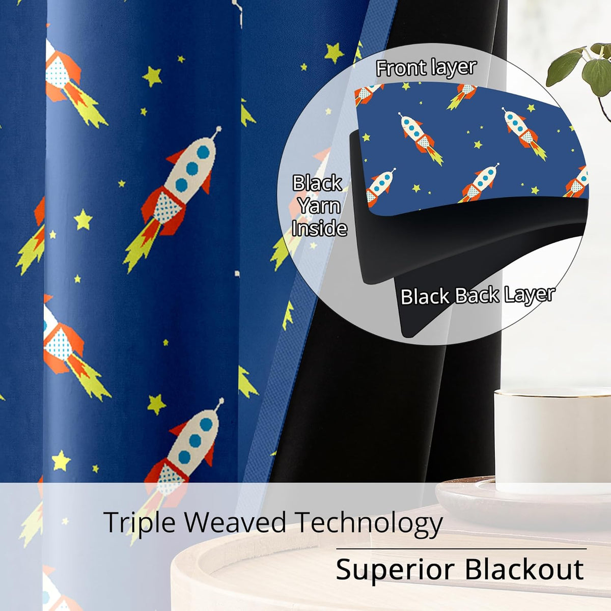 Kids Space Rocket Blackout Curtains - 100% Blackout, Thermal Insulated, Noise Reducing, Perfect for Kids Room and Nursery, 2 Panels (Rocket Blast-Off Repeat, W52×L63)