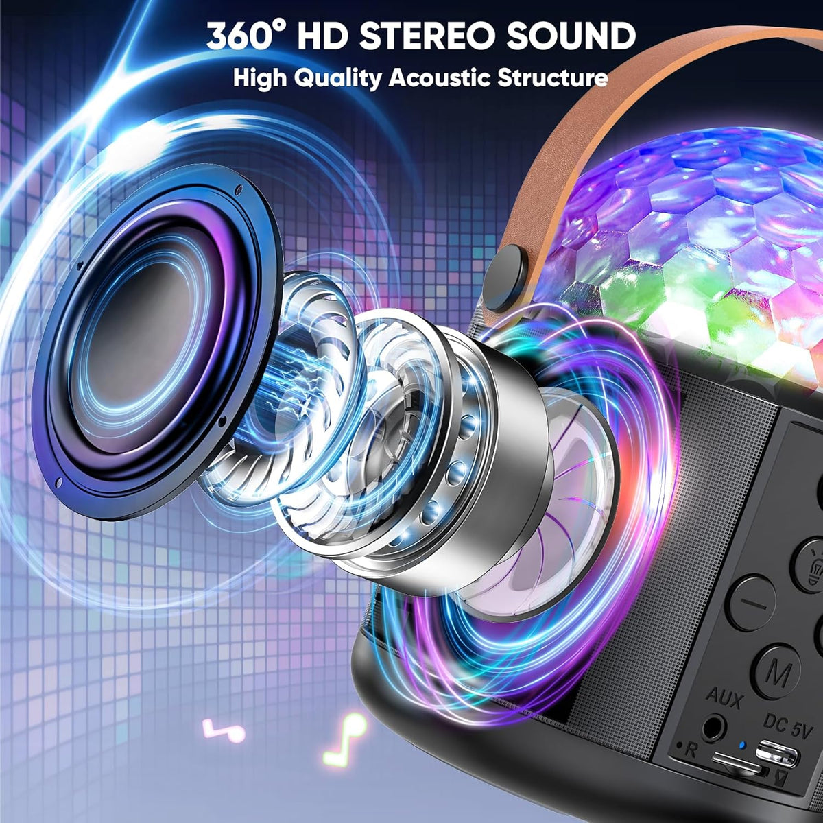 Karaoke Machine with Disco LED Lights for Adults Kids, Portable Bluetooth Speaker with 2 Wireless Microphone Toys Gifts for Girls Boys Birthday Family Home Party