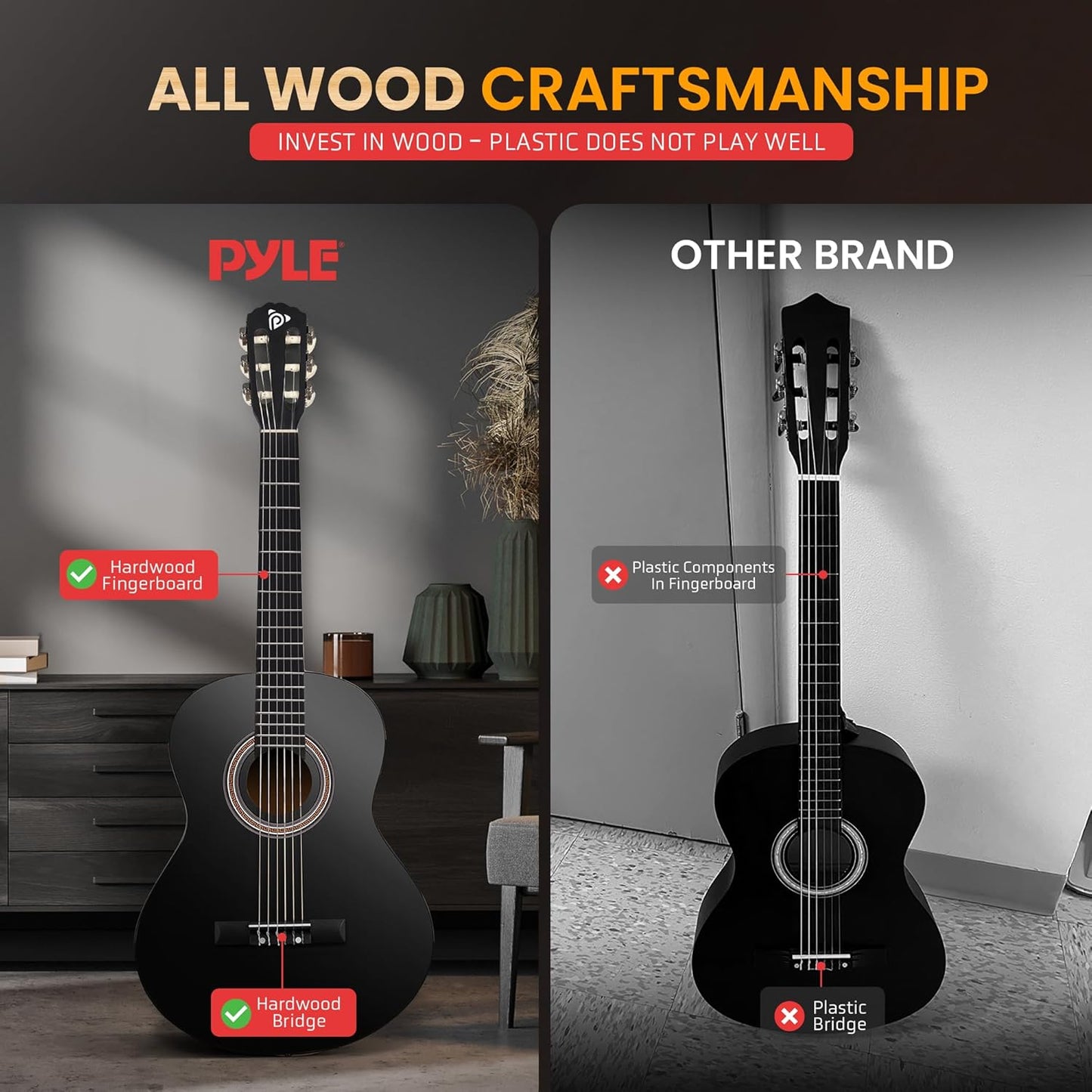 Pyle Beginner Acoustic Guitar Kit, 4/4 Full Size All Wood Build Nylon String Instrument with Capo, Strap, Extra String Set, Gig Bag, Guitars for Beginners Adults Youth, 39" Black Gloss