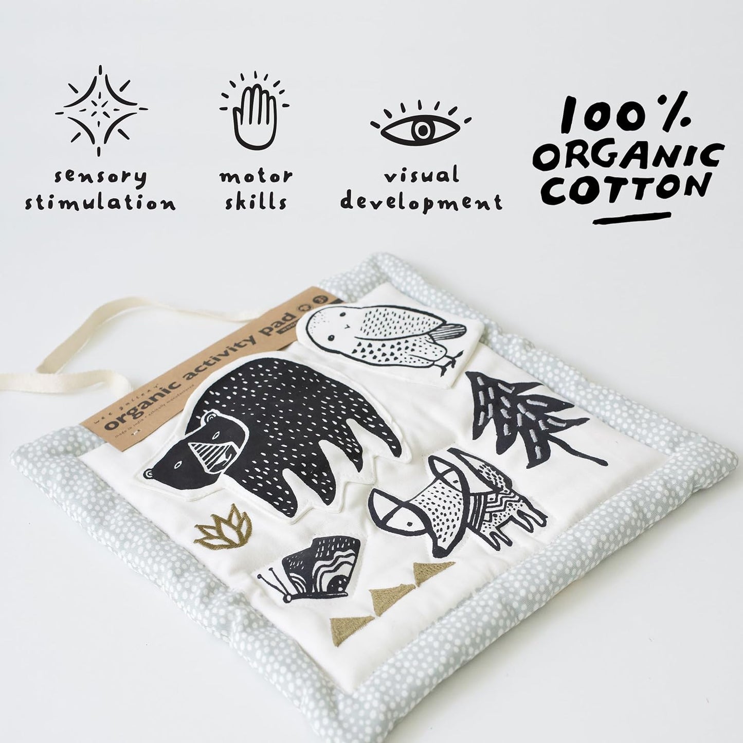 Wee Gallery Woodland Activity Pad Organic Baby Play Mat with Sensory Toys, High Contrast Newborn Essentials Soft Tummy Time Mat for Babies 0-12 Months, Visual and Motor Skill Development Toy