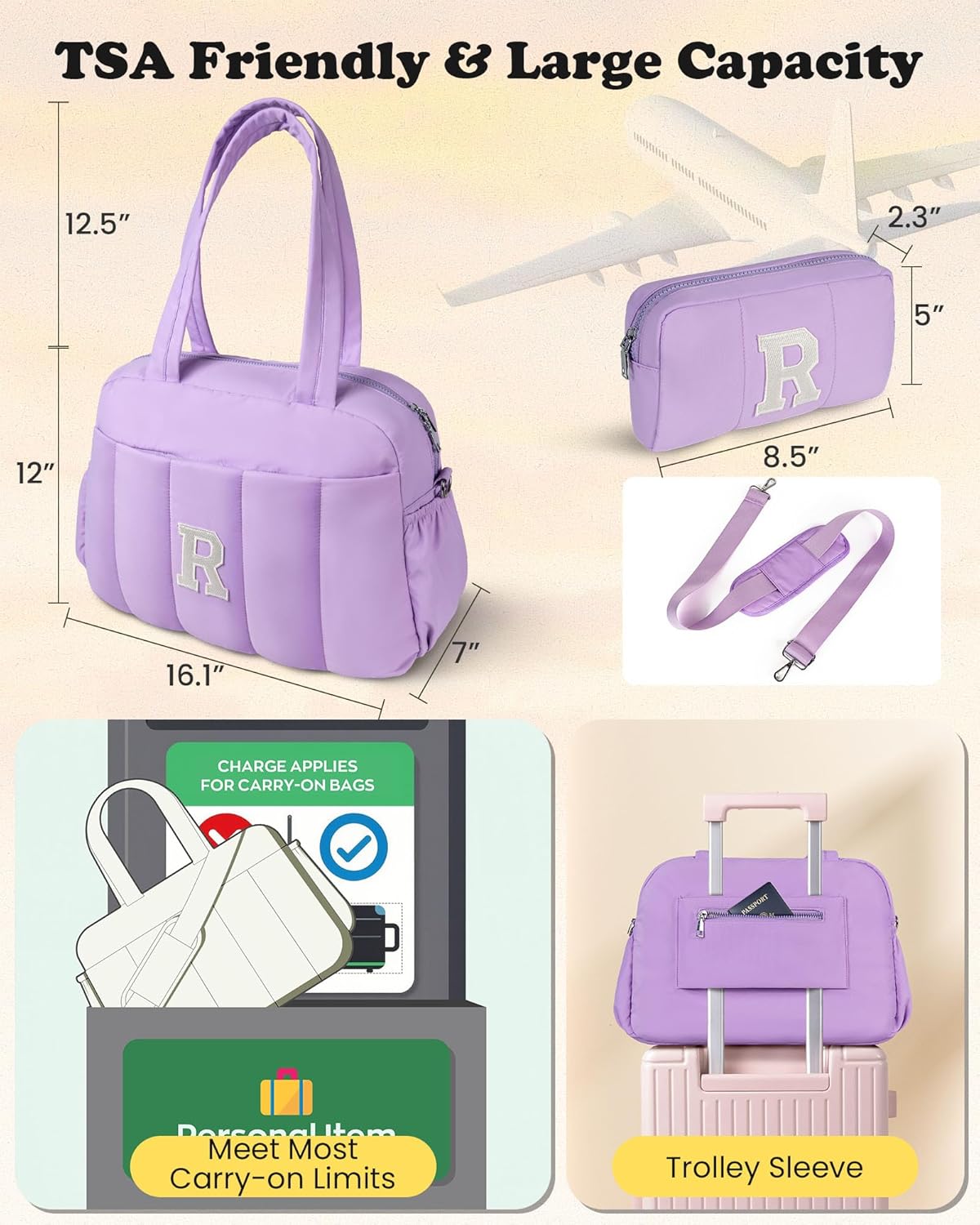 Birthday Gift for Women Girl-Initial Duffle Bag, Carry On Bags for Women，Overnight Bag with Wet Pocket，Lightweight Travel Bags Personalized Gym Tote with Makeup Pouch
