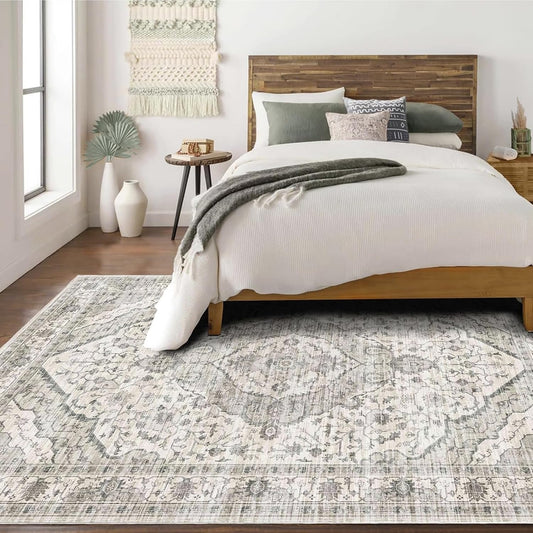 Boho 6x9 Area Rug Vintage Rugs for Living Room, Washable Rugs Non Slip Large Area Rug for Dining Room Bedroom Office, Floor Decoration Big Rug Mat Low-Pile (Cream)