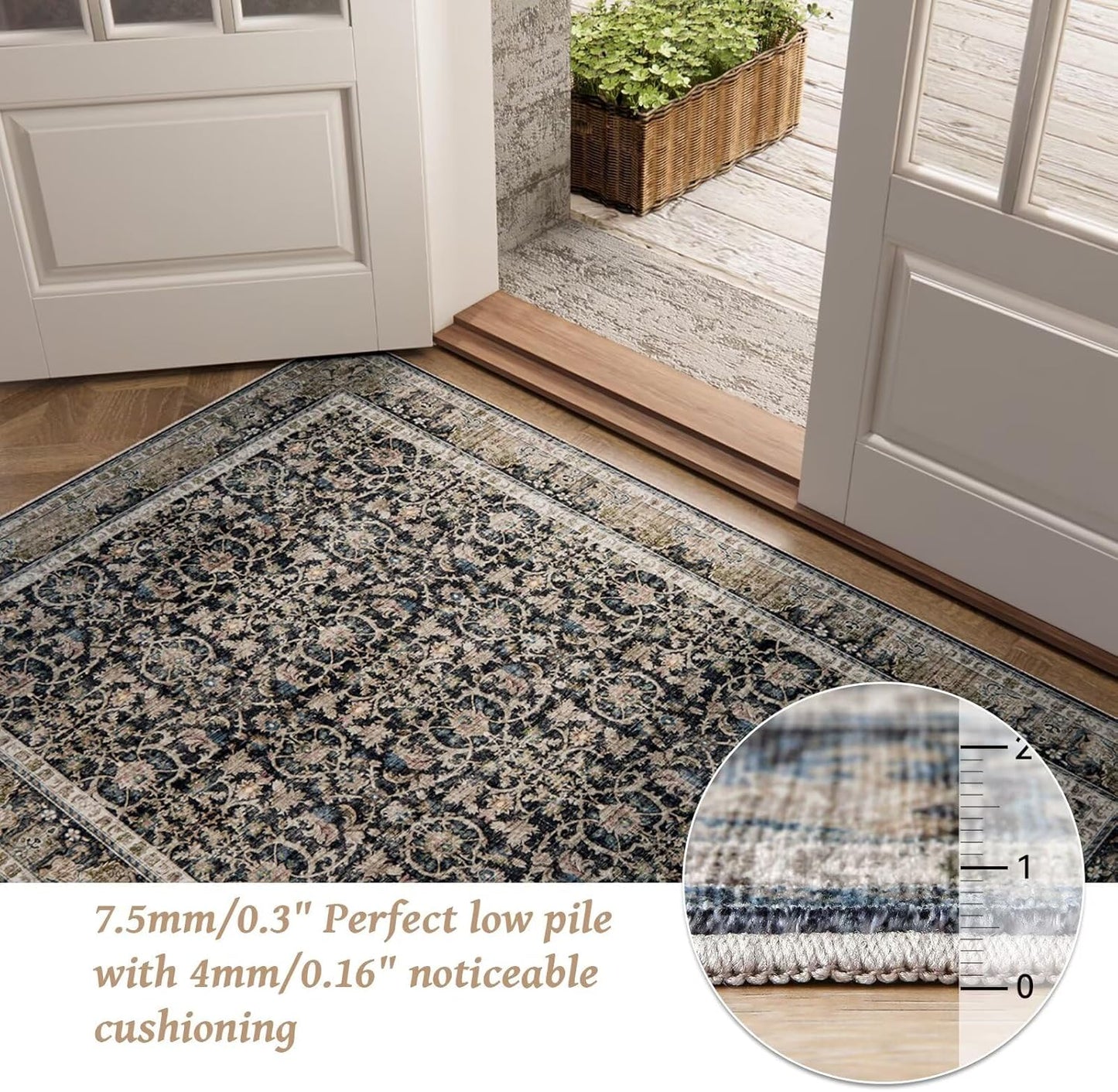 Washable 5x7 Area Rugs for Living Room, Boho Non-Slip Silicone Backing Rugs for Bedroom Dining Room Nursery Office, 0.3" Neutral Oriental Throw Carpet with 0.16" Cushioning Pad, Black/Multi