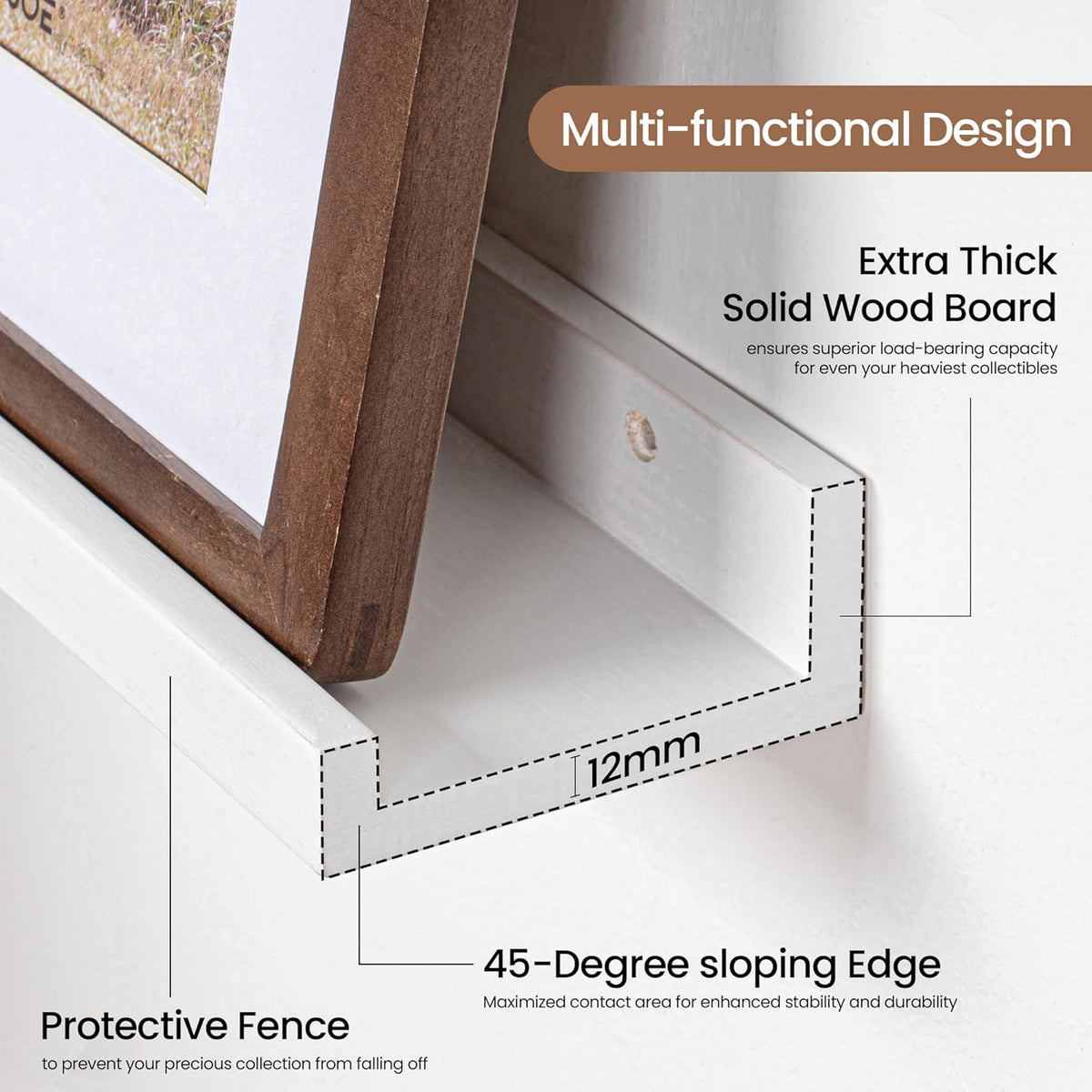 Picture Ledge Shelf, Solid Pine Wood Floating Shelves Set of 4, 16 Inches Nursery Book Shelves for Toys Storage, Kids Bookshelf Wall Mounted for Living Room Decor Photo Frames, White