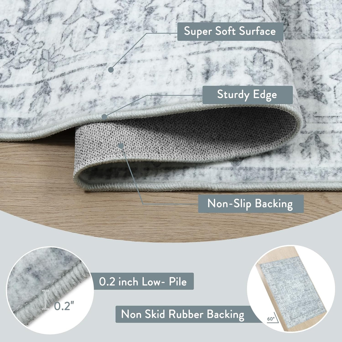 LIVEBOX Washable Area Rug 5x7 Rugs for Living Room Bedroom, Non-Slip Boho Neutral Carpet for Dining Room Office, Low-Pile Farmhouse Soft Carpets for Kids Nursery Room Playroom, Grey