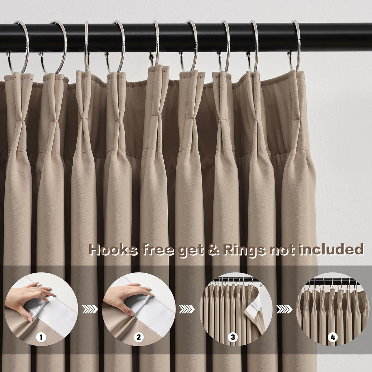 KEQIAOSUOCAI 60 Wide Pinch Pleated Window Curtain Panels 95 Inches Long Custom Made Pleated Curtains Hooks Track Privacy Memory Shape Drape for Living Room,Khaki, Set of 2=120 Inch Wide