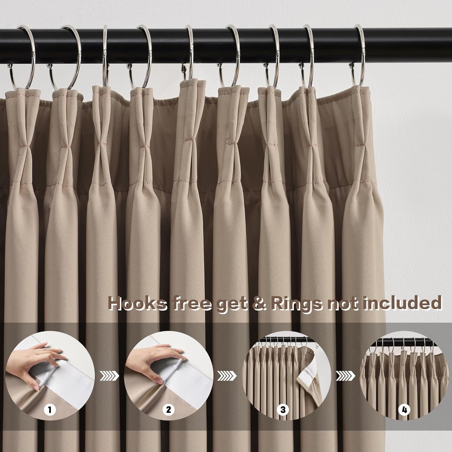 KEQIAOSUOCAI 100 Inch Curtain Panels Pinch Pleated Light Blocking Solid Custom Made Pleated Curtains Hooks Track Privacy Memory Shape Drape for Living Room,Khaki,40x100, Set of 2