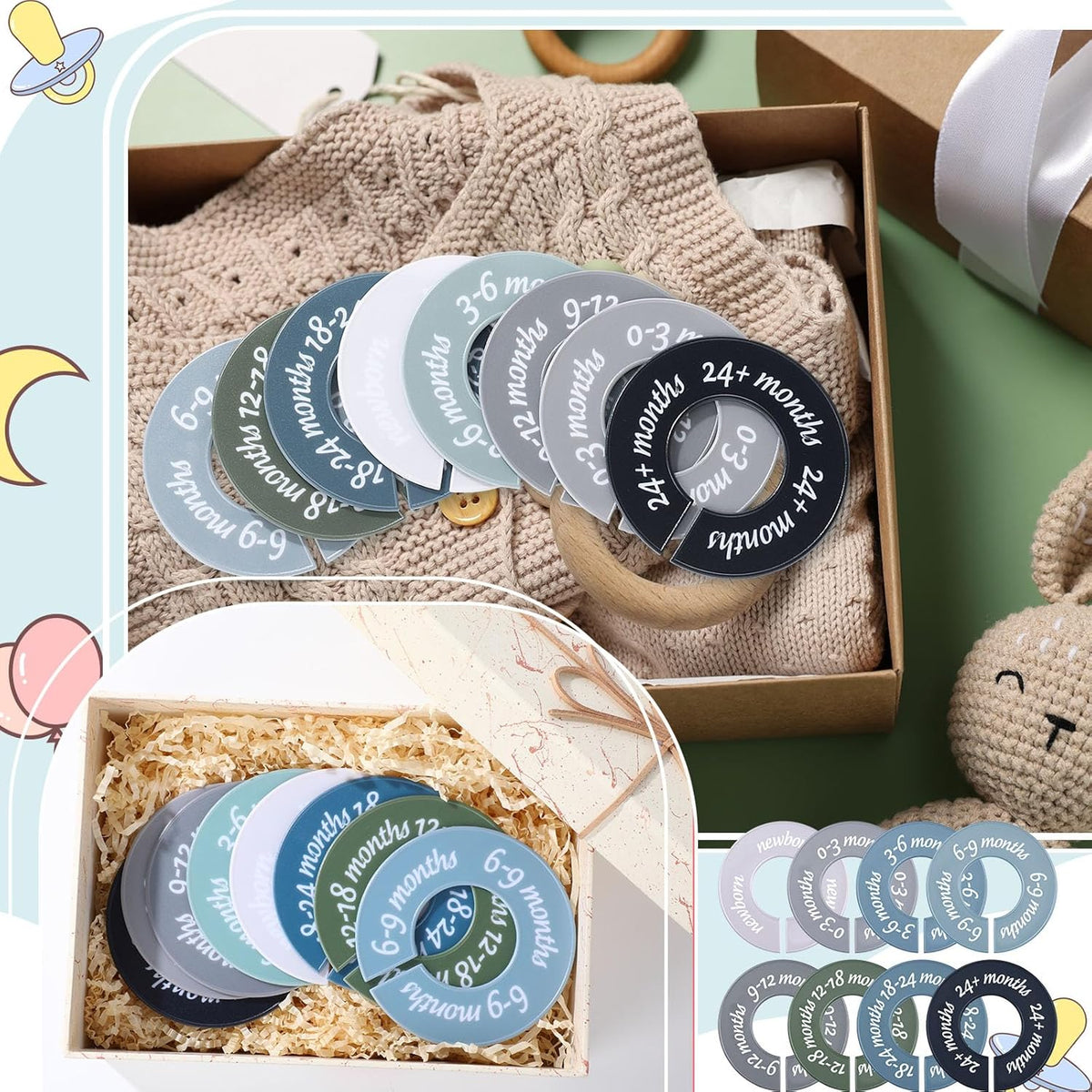 8 Pcs Baby Closet Dividers Unisex Baby Clothes Organizers Clear Labels for Nursery Closet Organizer & Decor Nursery Fits Most Rods(Modern,Cool Colors)